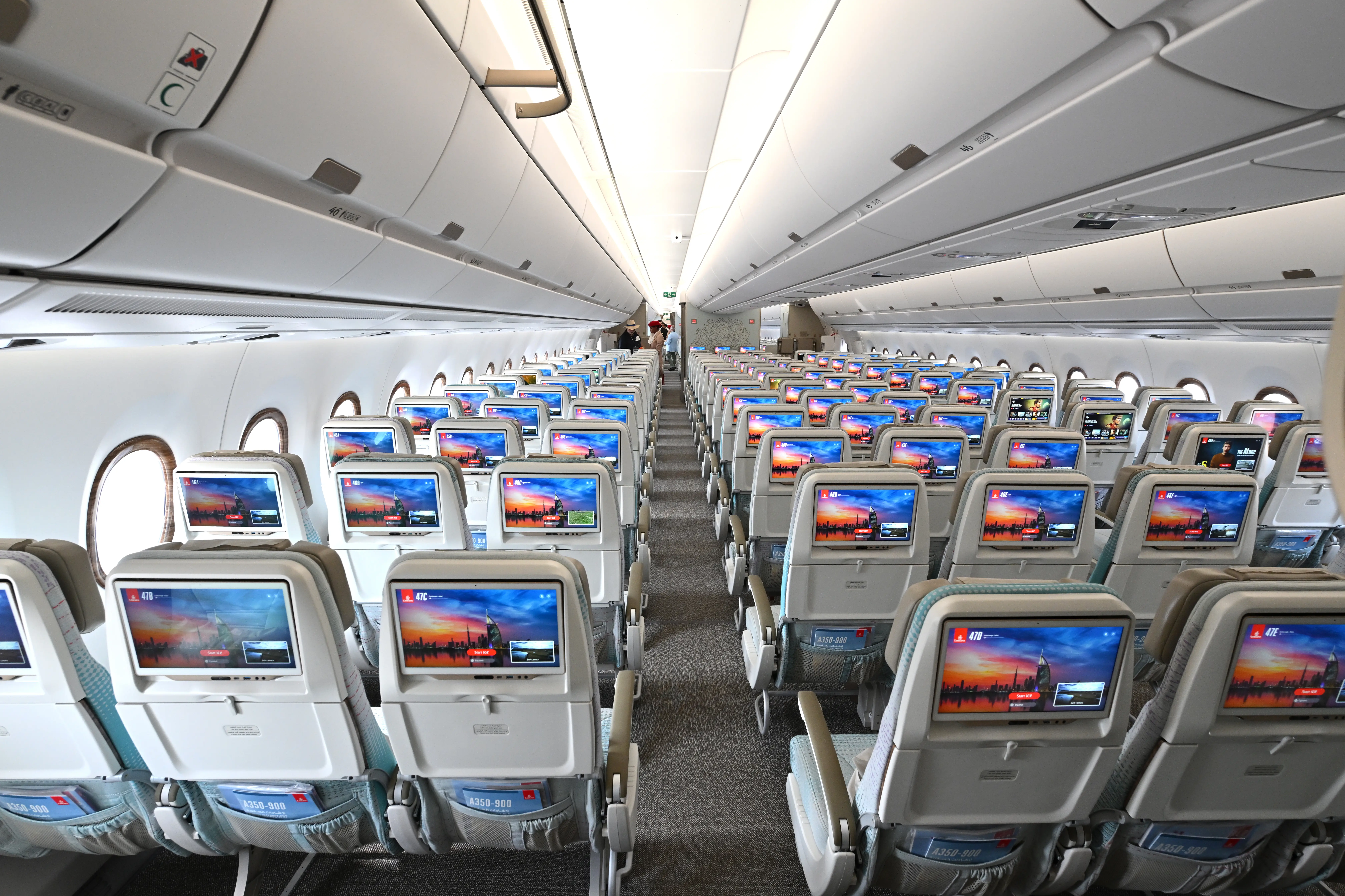 Economy class seating onboard the Emirates airline Airbus A350-900.