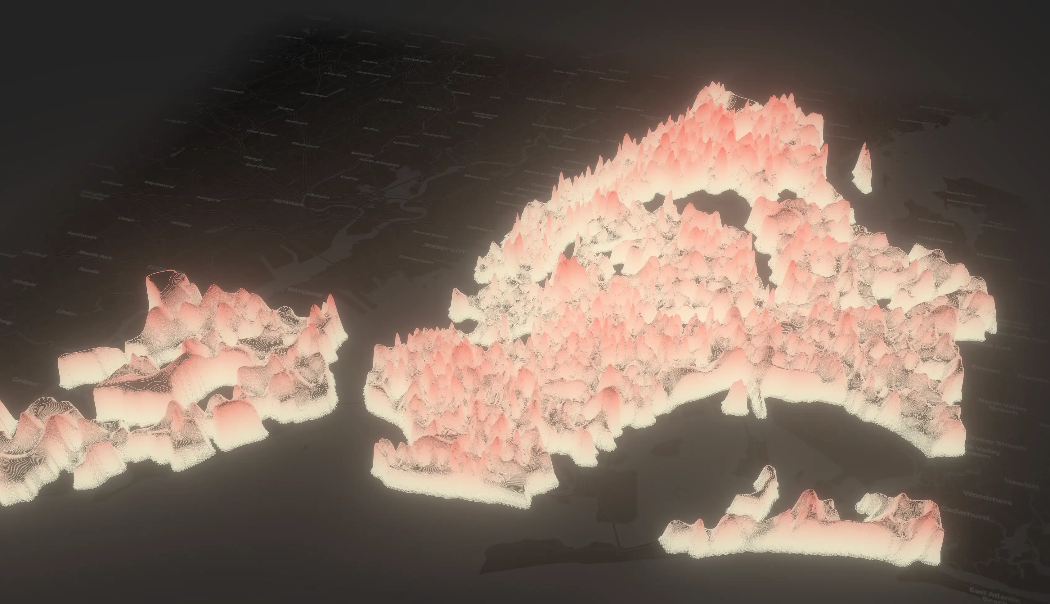 A map Blinder created depicting areas of New York City that are rent-burdened, with higher peaks translating to more severe rent burdens.