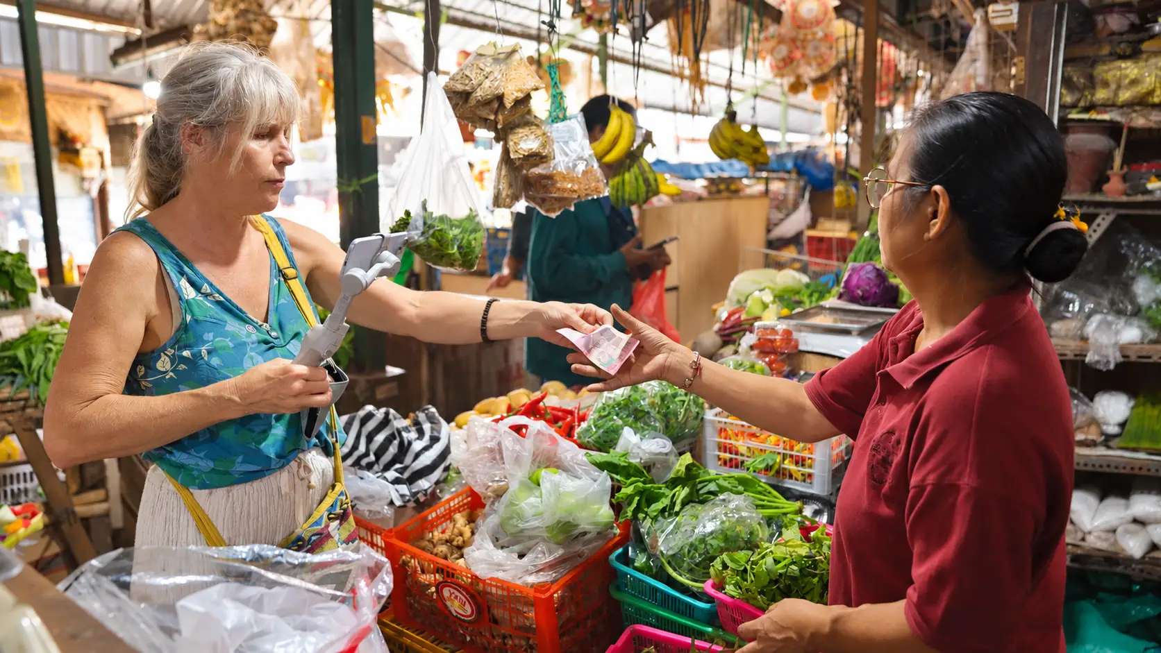 For groceries, whatever she doesn't get from the organic farm, she buys from the local market or the main grocery stores nearby.