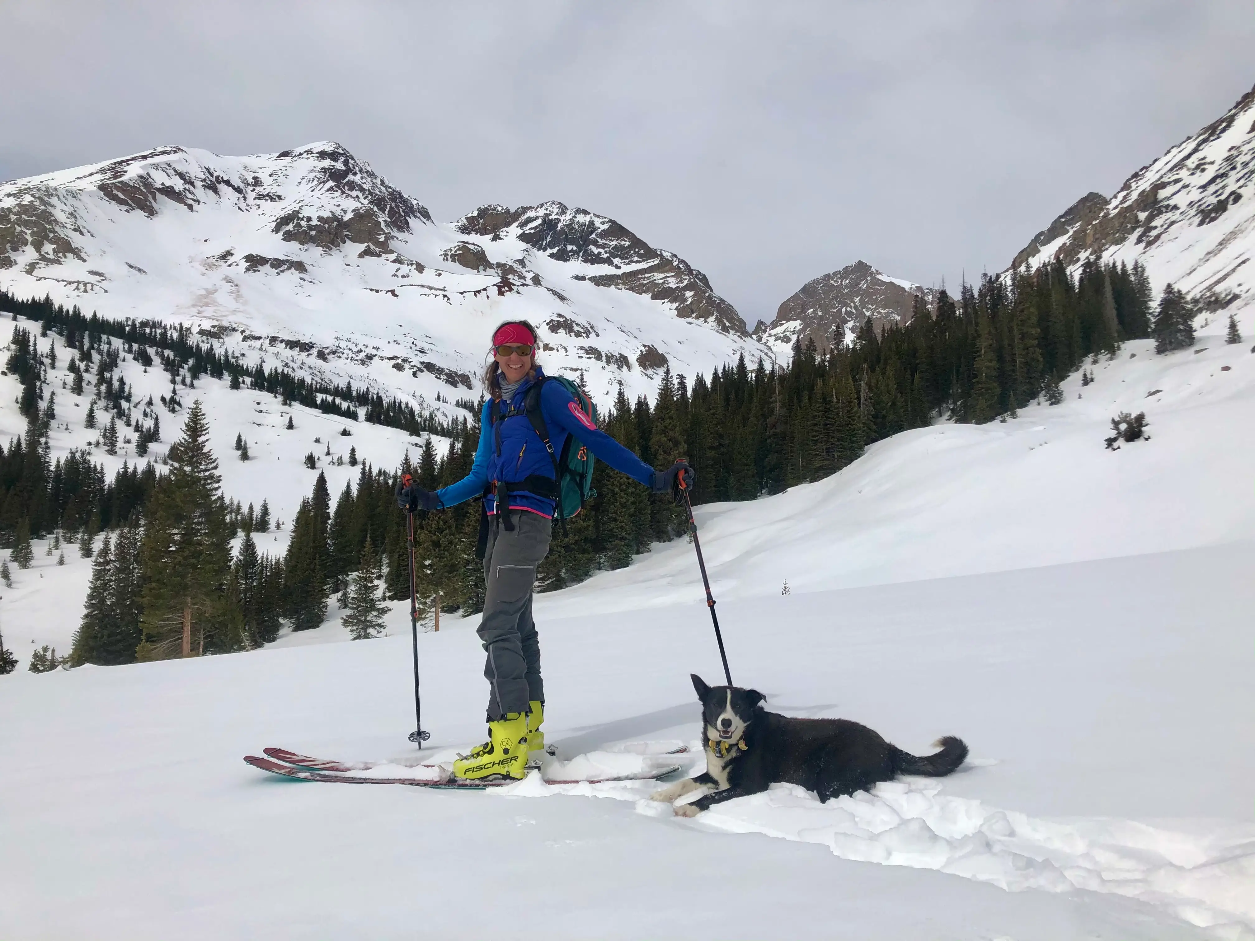Woman on skiis in mountains with dog beside her