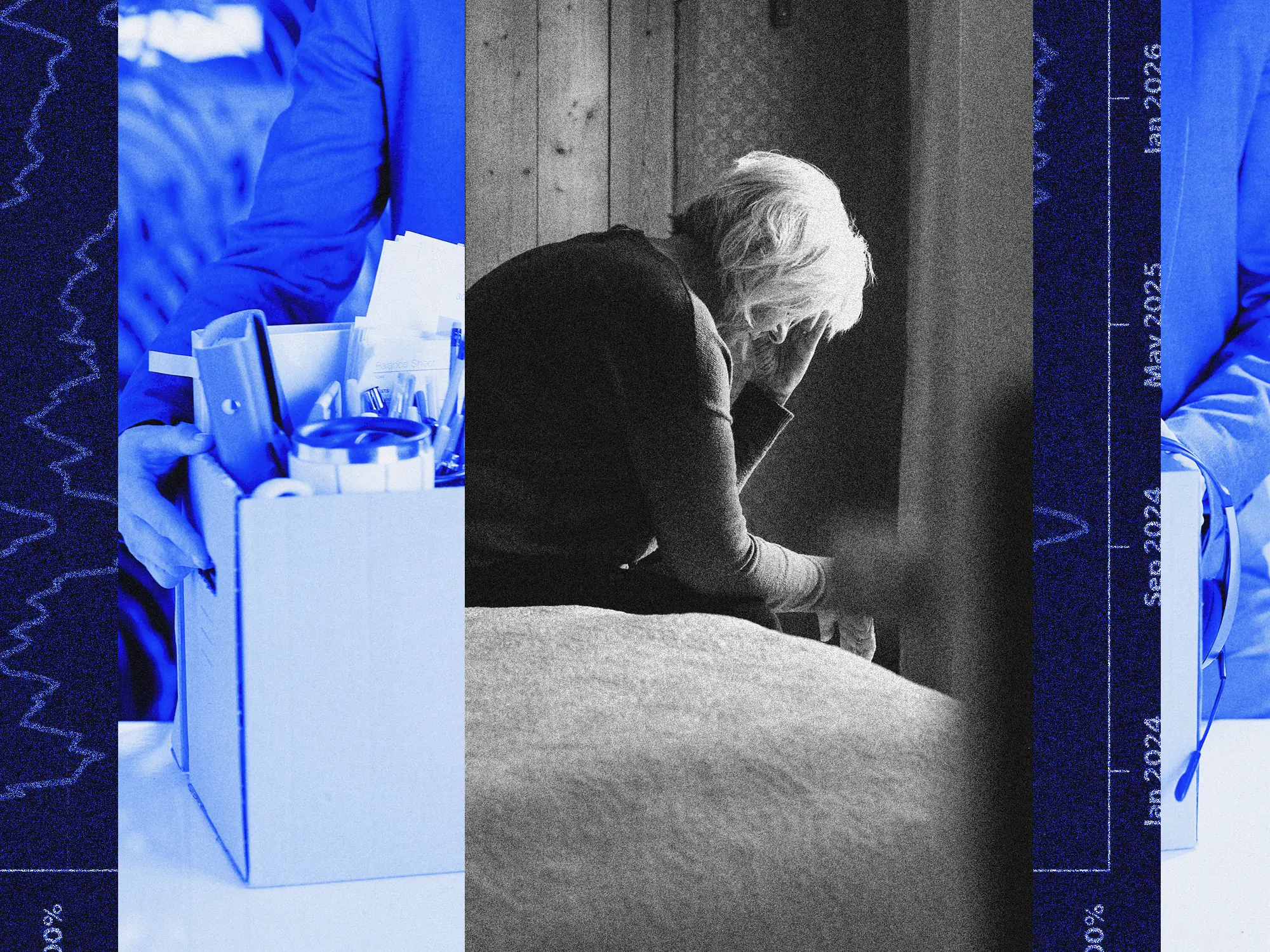 A collage featuring women contemplating, a person laid off holding office supplies, and chart elements.