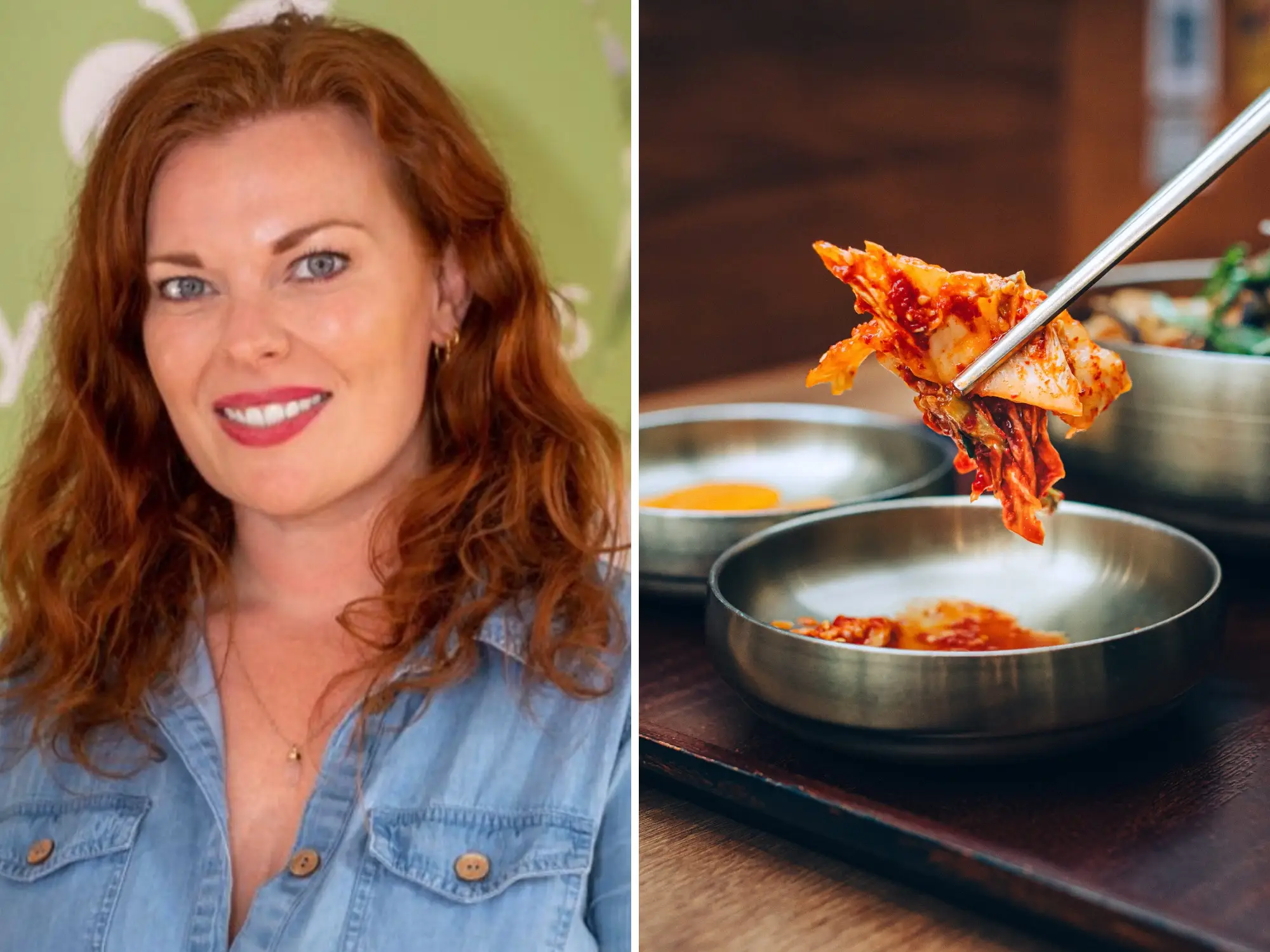 Split image shows a smiling red-haired person beside chopsticks holding kimchi over metal bowls.