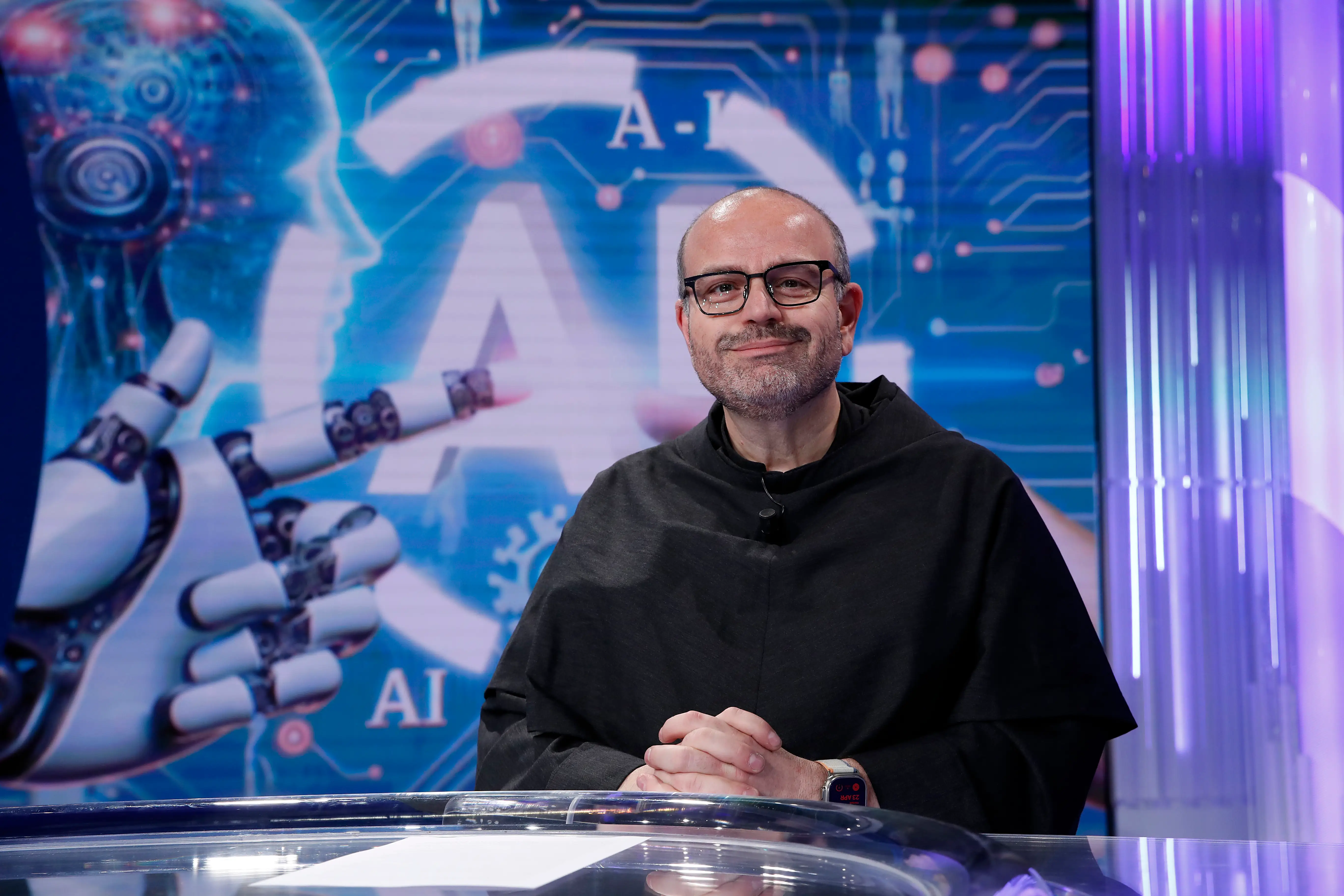 Father Paolo Benanti, theologian and advisor to Pope Francis (on artificial intelligence issues) and chairman of the Commission on Artificial Intelligence for Information guest on the TV show Porta a Porta. Rome (Italy), April 23rd, 2024