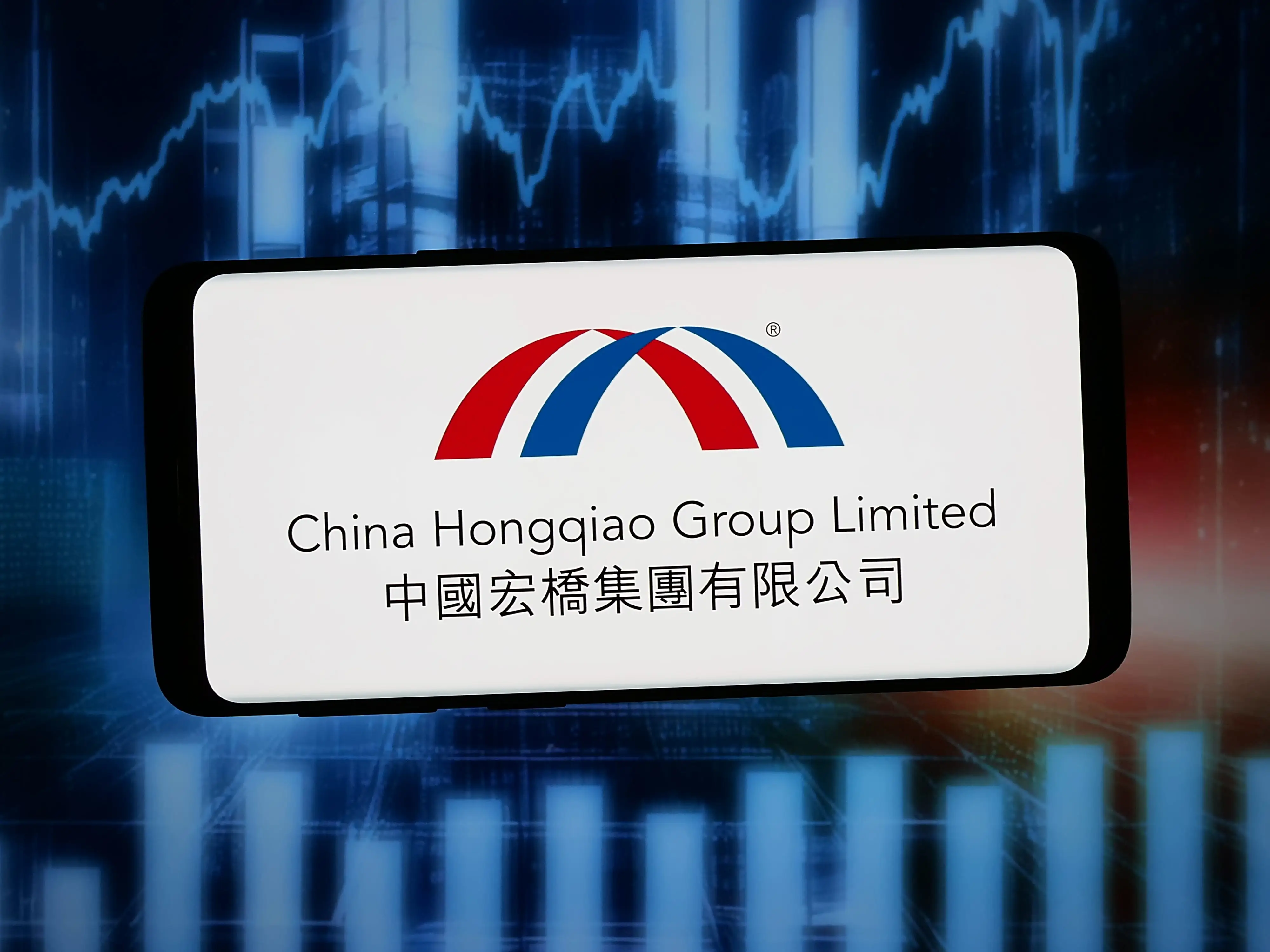 China Hongqiao Group Limited logo appears on a smartphone screen against a blue financial chart background.