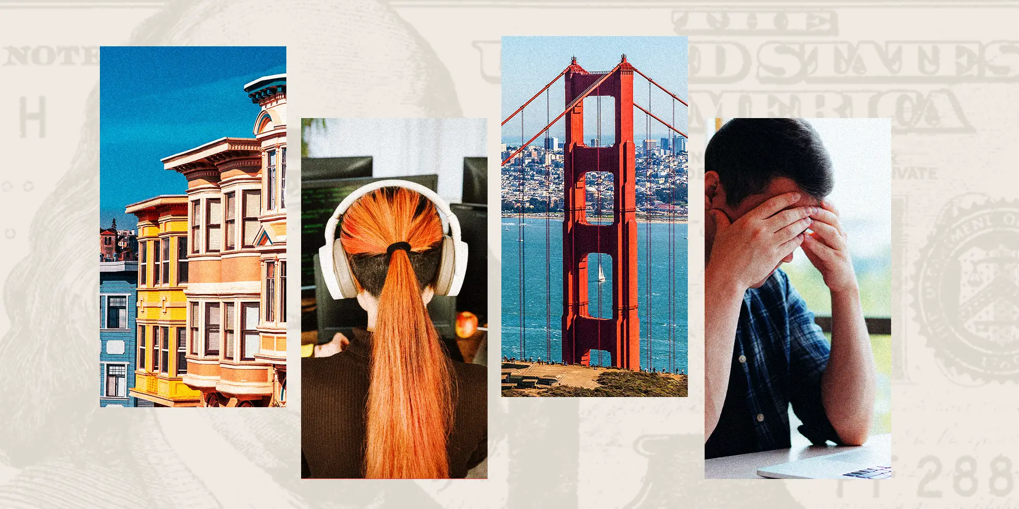 Photo collage of San Fransisco, a tech embloyee, and a baker
