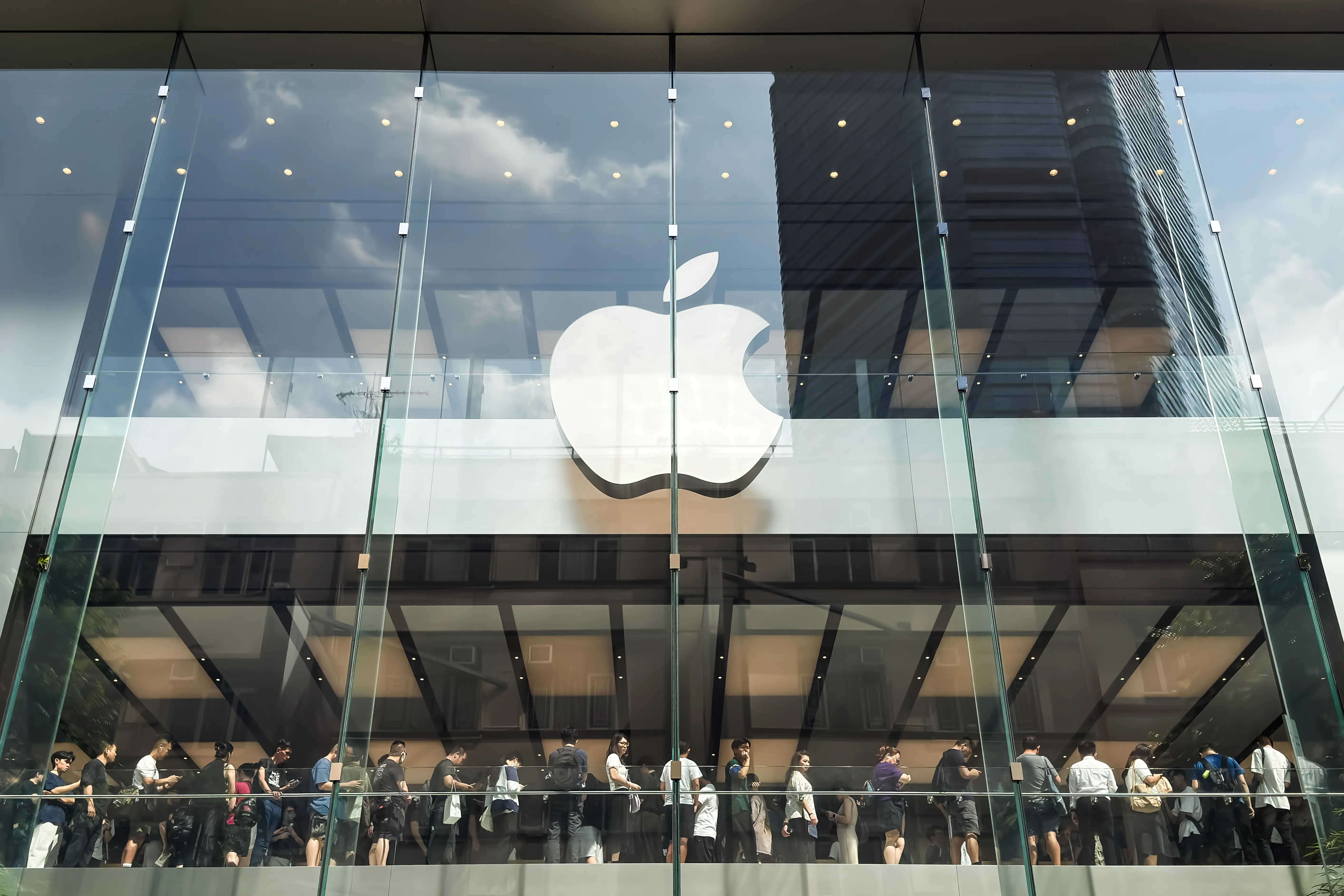 A line of people inside Apple's Hong Kong, China, store.