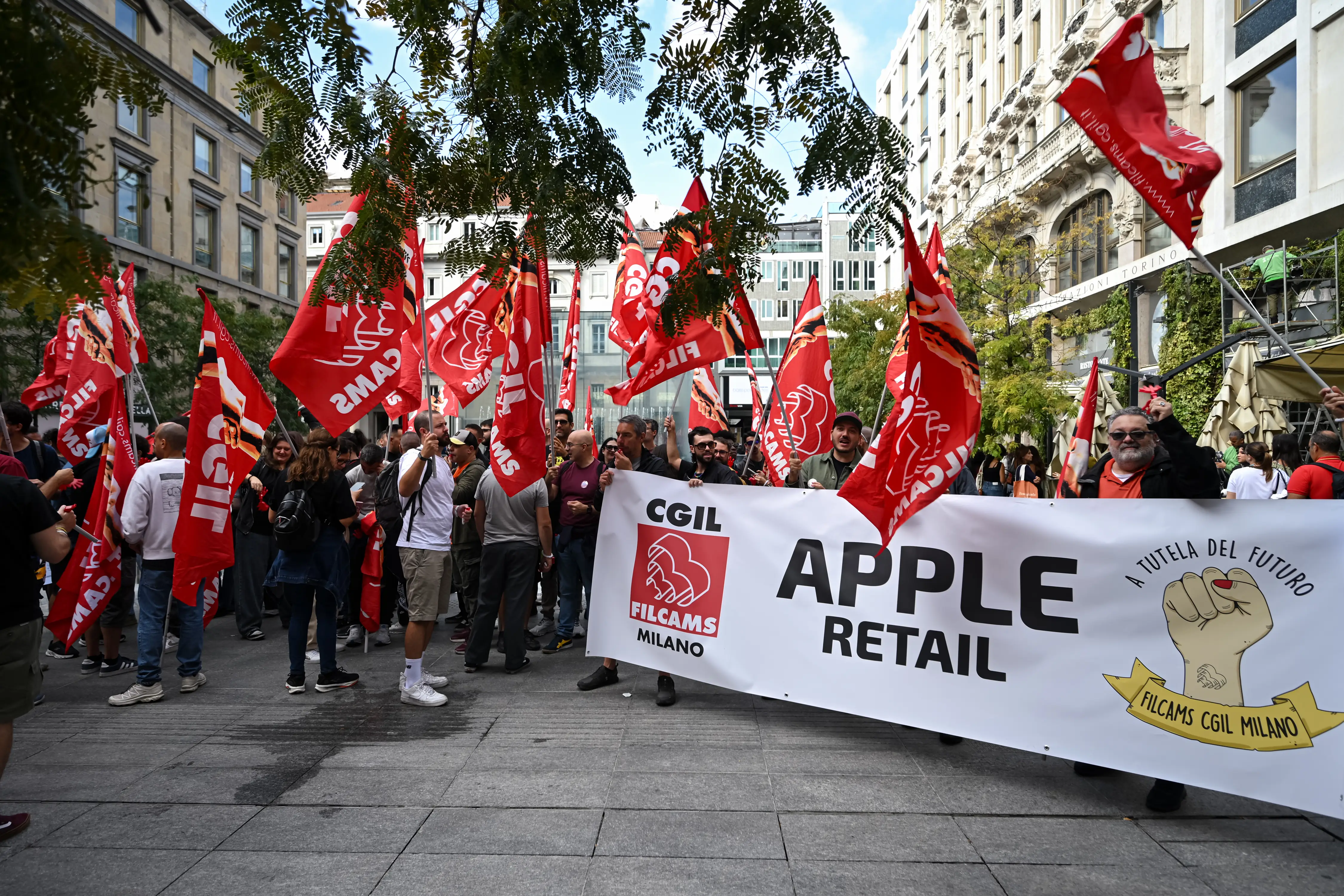 A protest outside an Apple store in Milan, Italy.