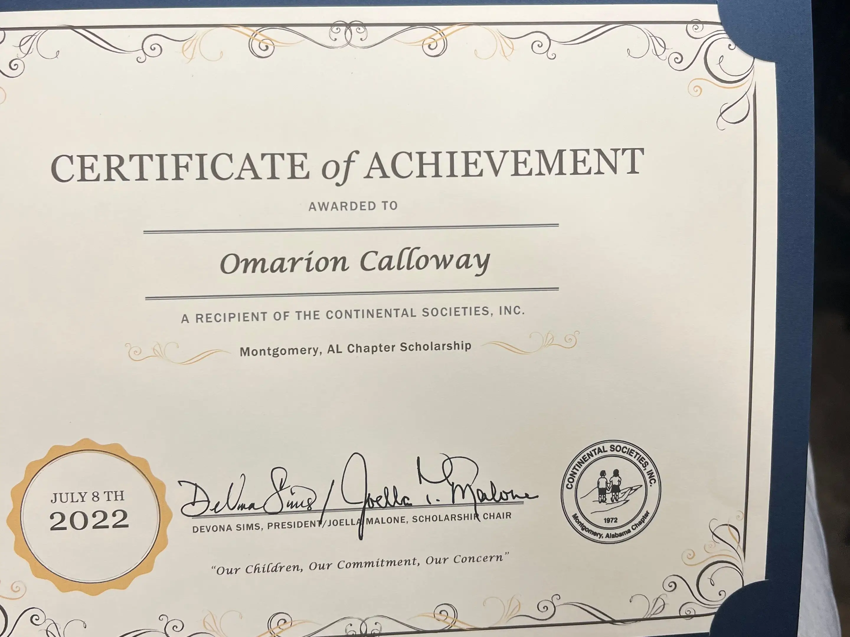 Certificate of Achievement awarded to Omarion Calloway for the Continental Societies, Inc. Montgomery, Alabama Chapter Scholarship.
