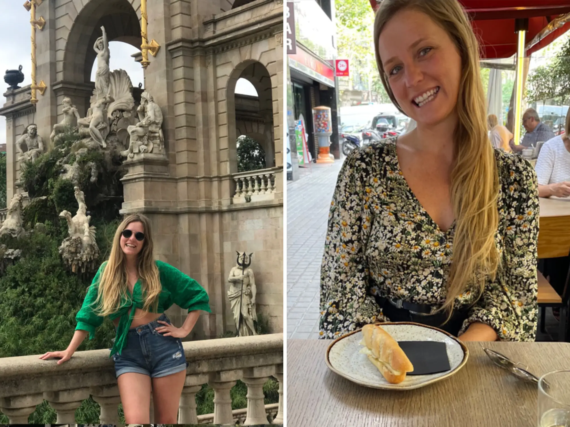 Woman posing in spain next to photo of same woman with sandwich in spain