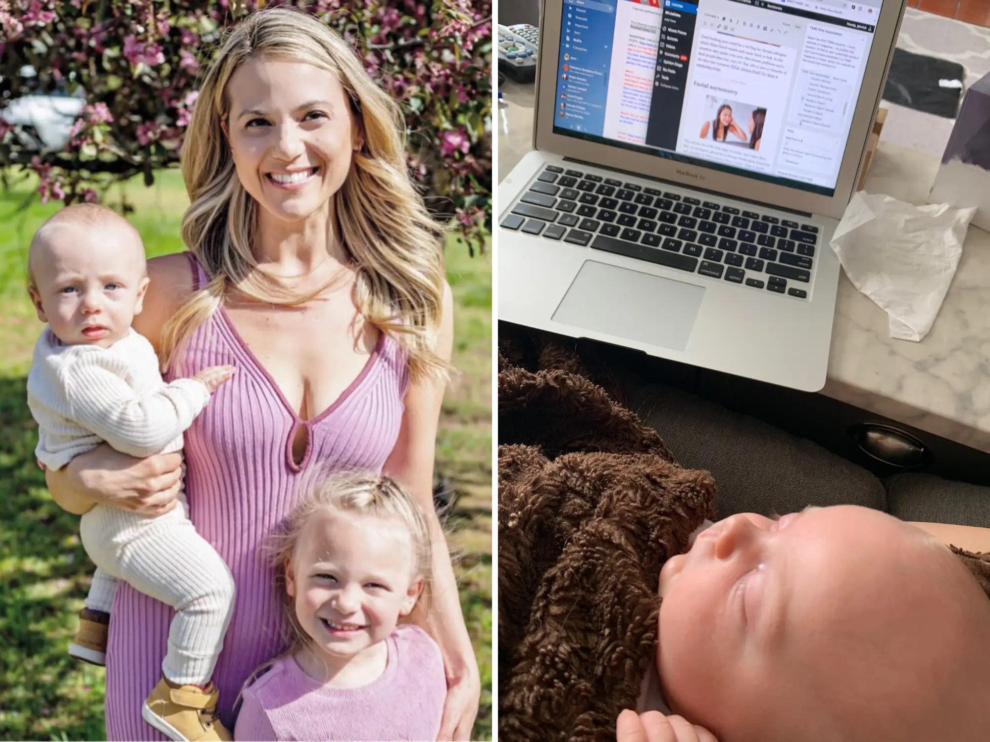composite image, on the right is the author working at a laptop with a baby on her lap, on the left the author is standing in front of a tree with her two kids
