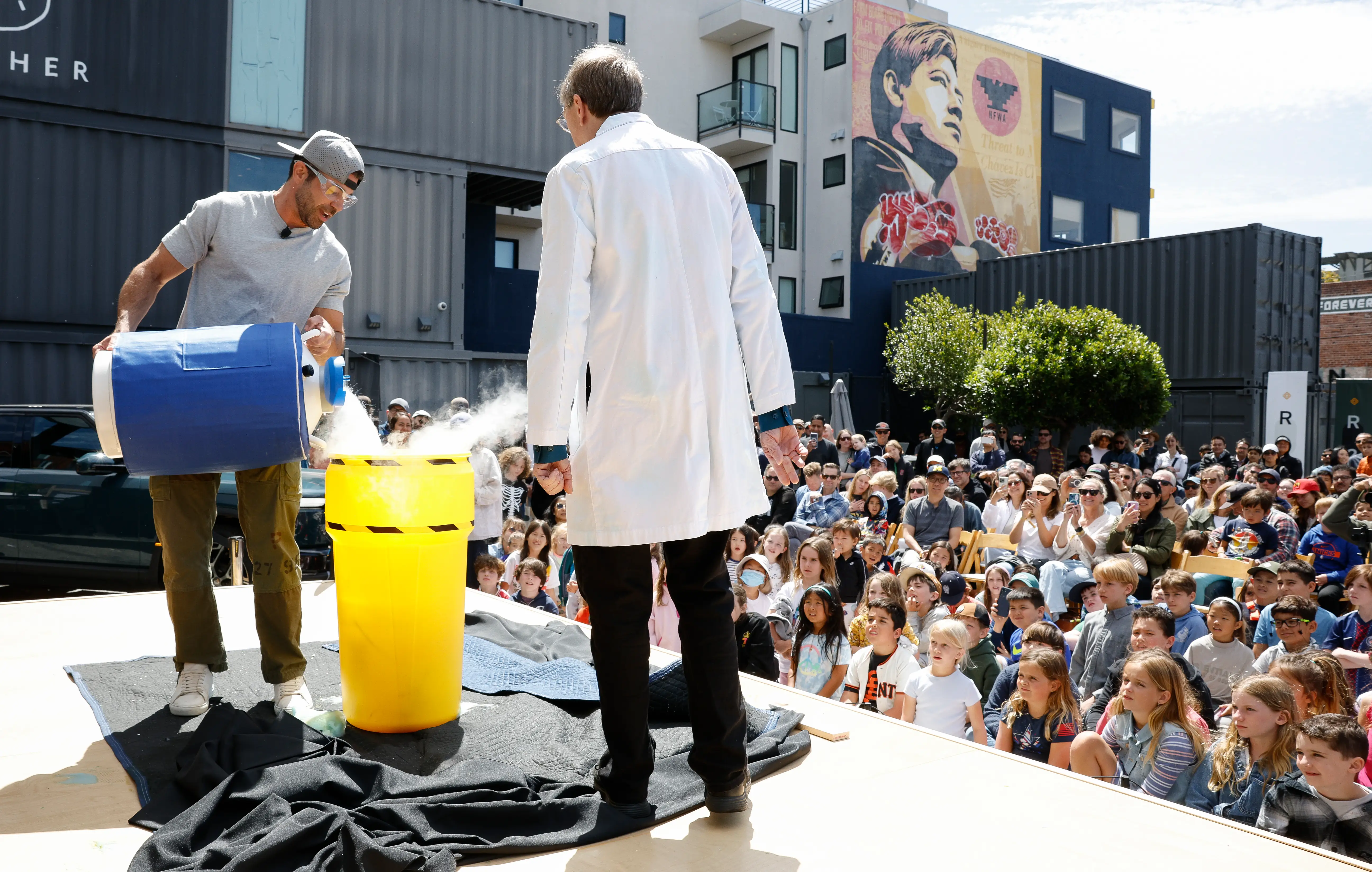 Mark Rober (L) and Science Bob attend the Rivian R2 Block Party Finale at Rivian San Francisco on June 06, 2026 in San Francisco, California.