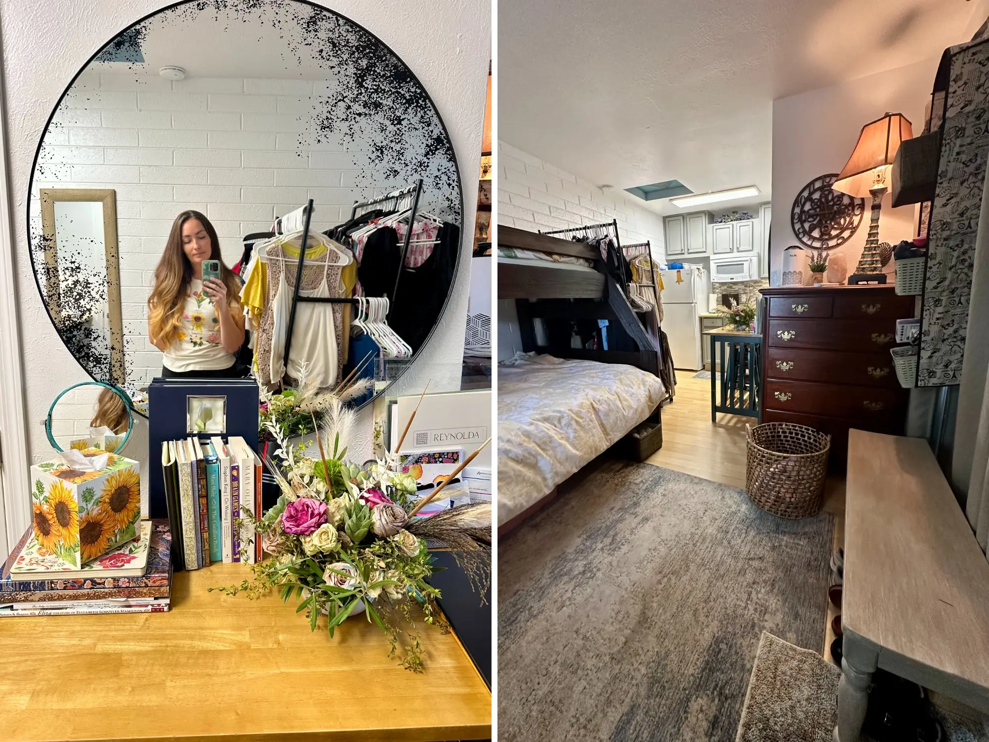 Split interior view shows a mirror selfie over a decorated dresser and a compact room with bunk bed and kitchenette.