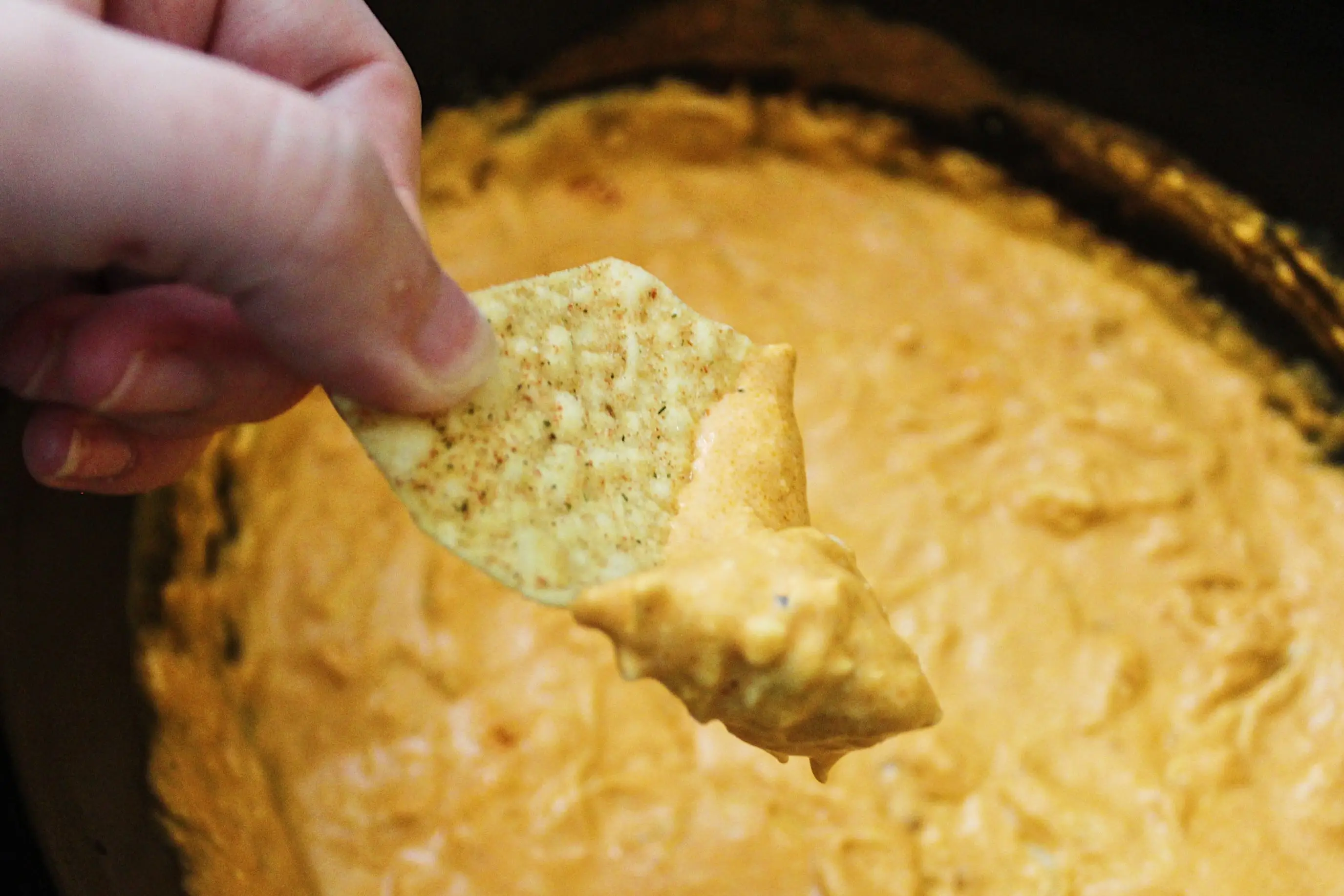 tortilla chip dipped in buffalo chicken dip