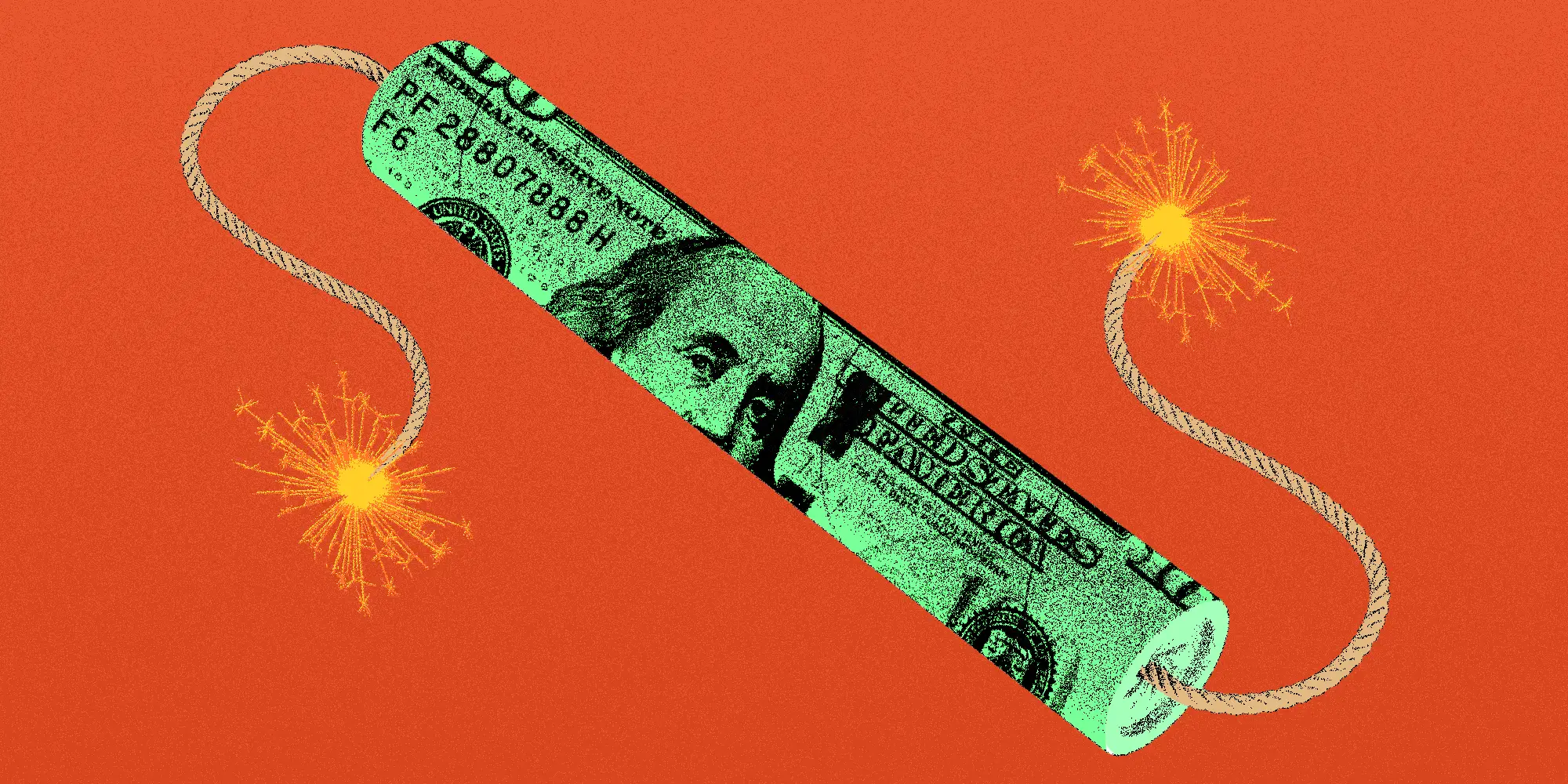 A dynamite stick of money with lit fuses on both ends