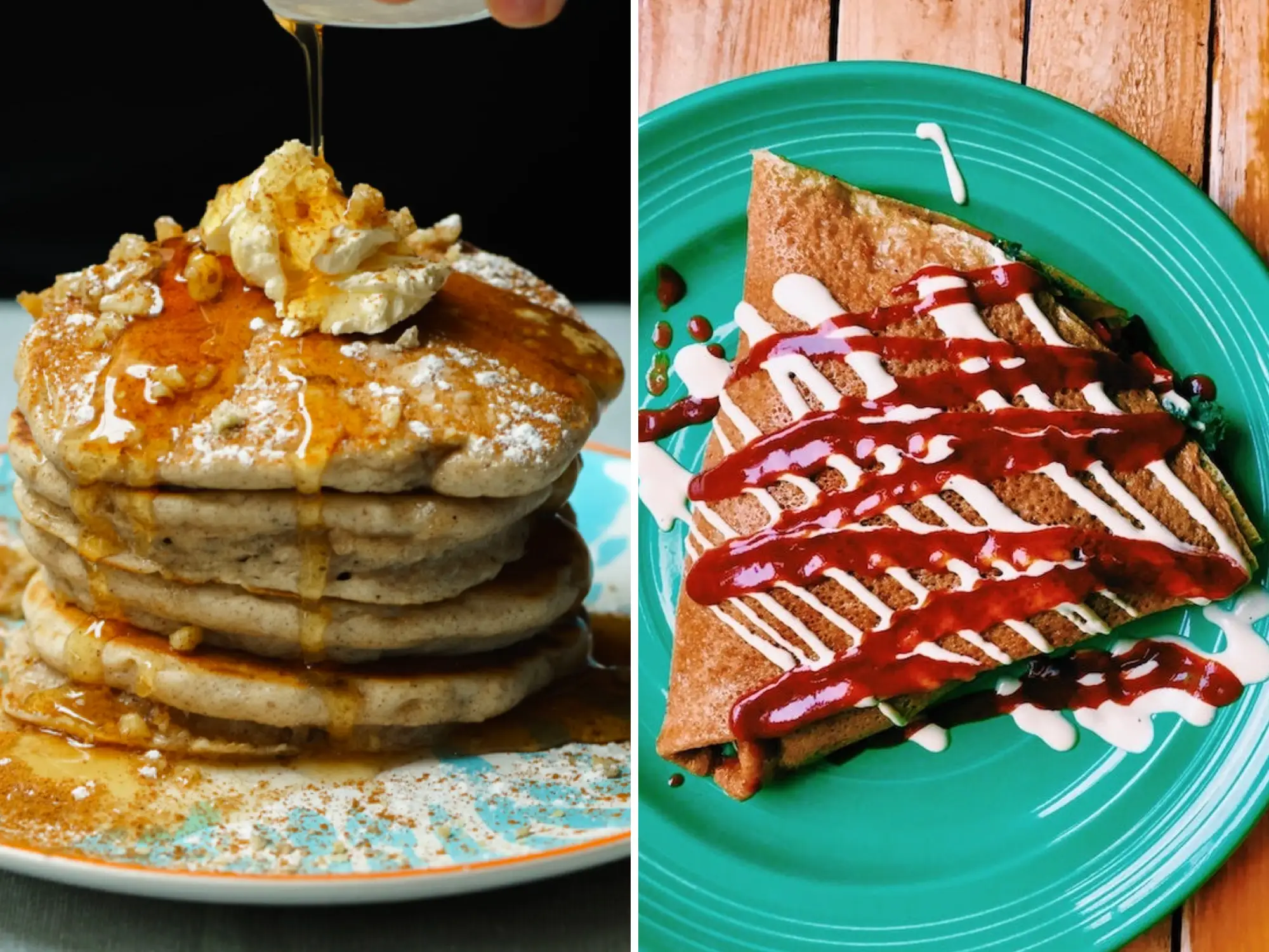 Side by side composite of stack of thick pancakes with butter and syrup next to image of crepe drizzled with sauce