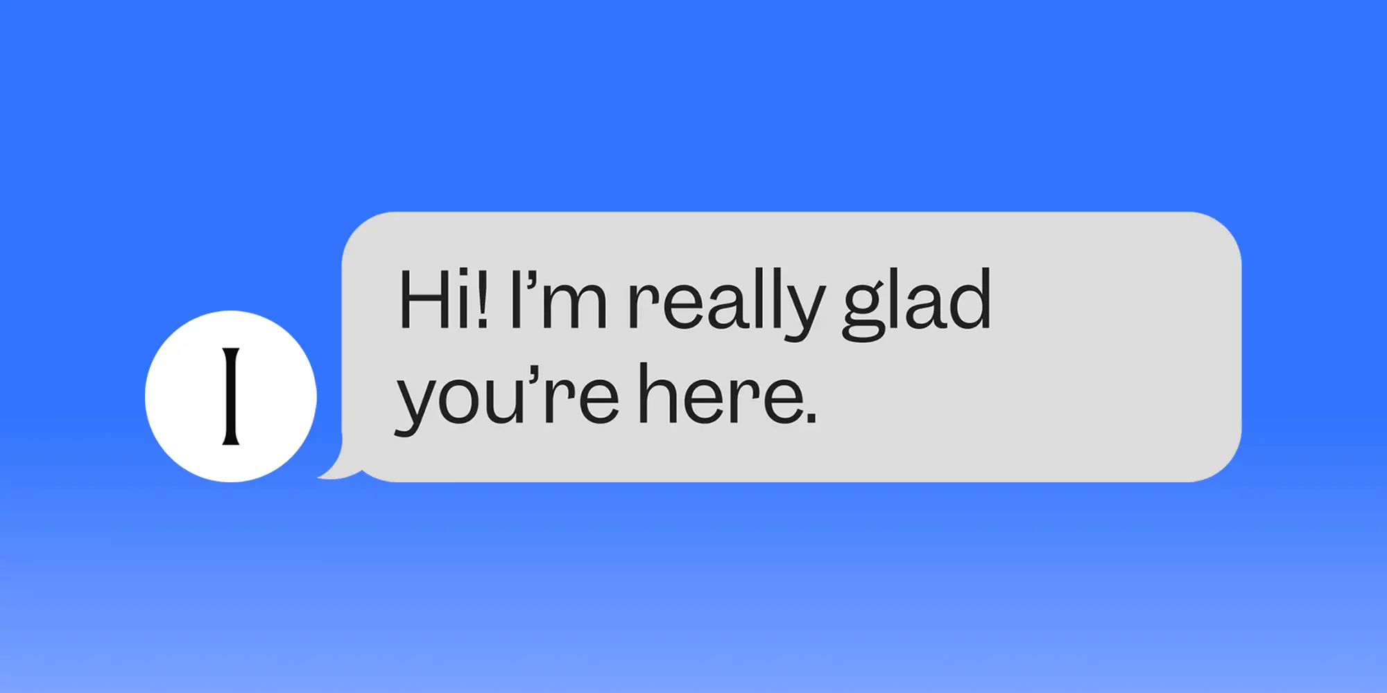 Blue graphic with a white circular icon and gray chat bubble saying
