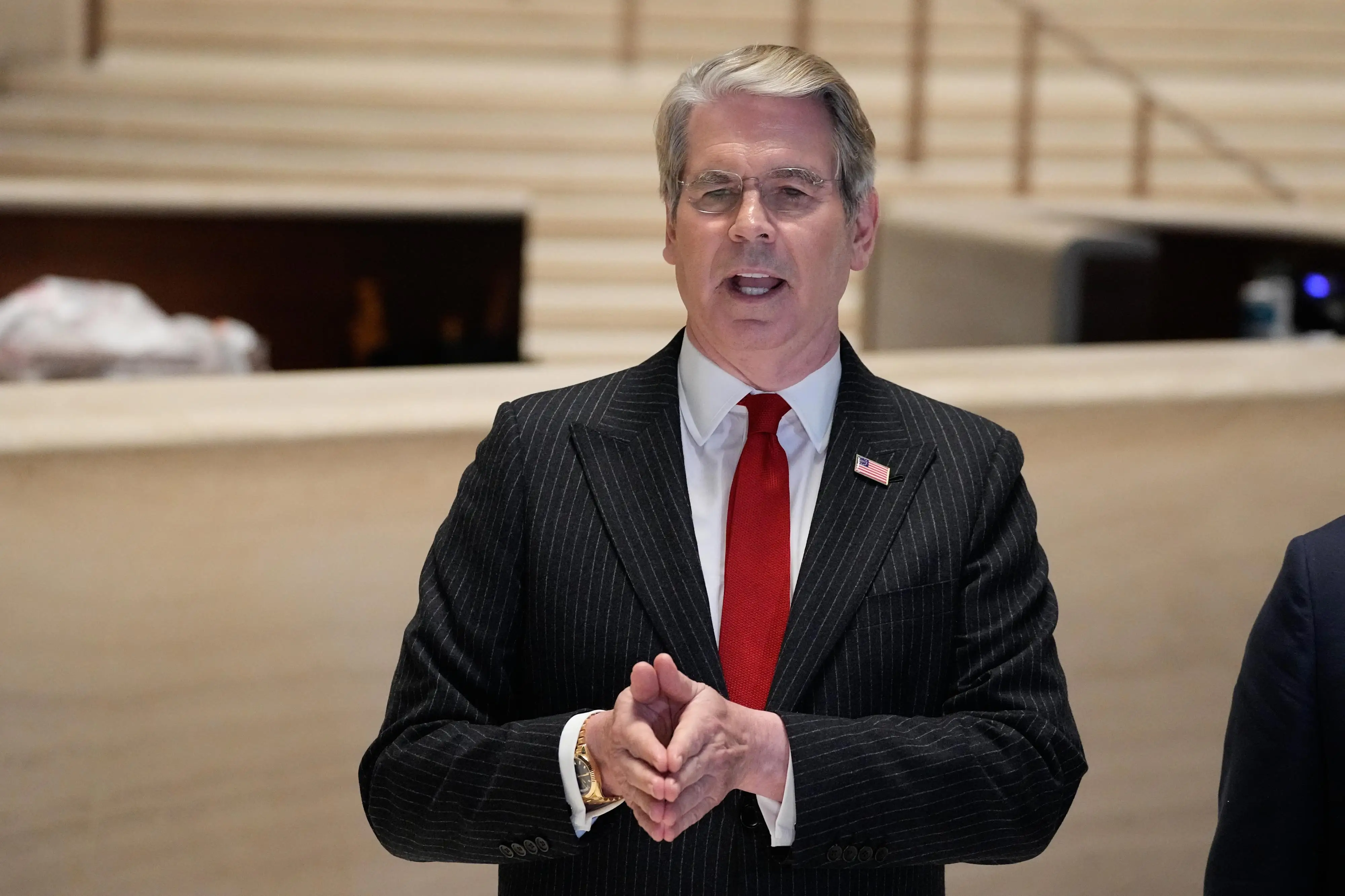 Treasury Secretary Scott Bessent speaks with the media after meeting with Chinese Vice Premier He Lifeng.