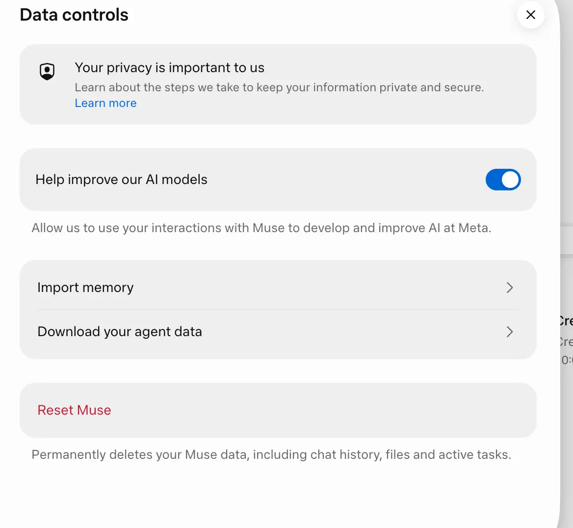 A screenshot of Meta's Muse AI agent data settings