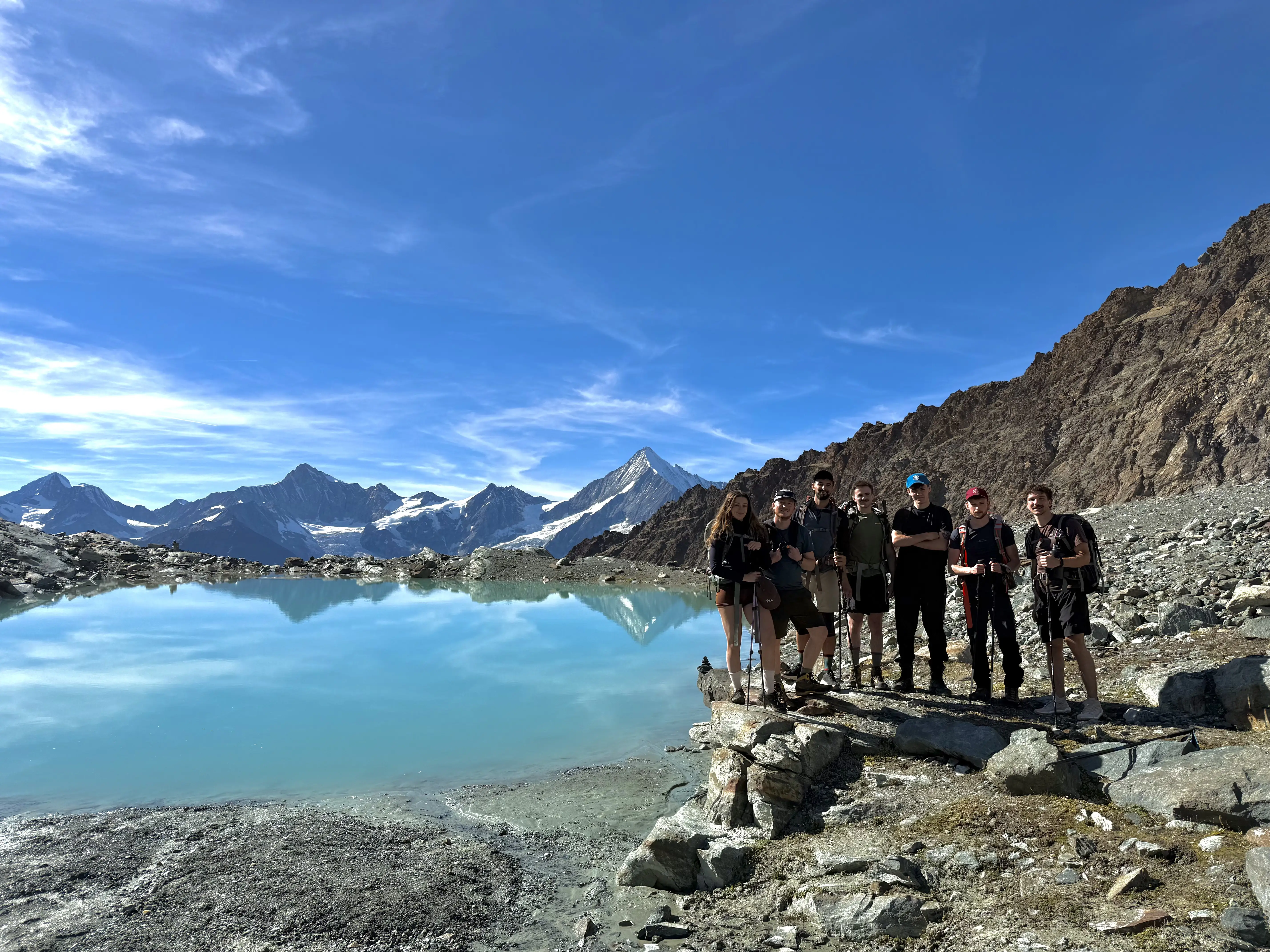 A group of seven people stand for a photo with a clear lake to the left of them, and mountains behind them.