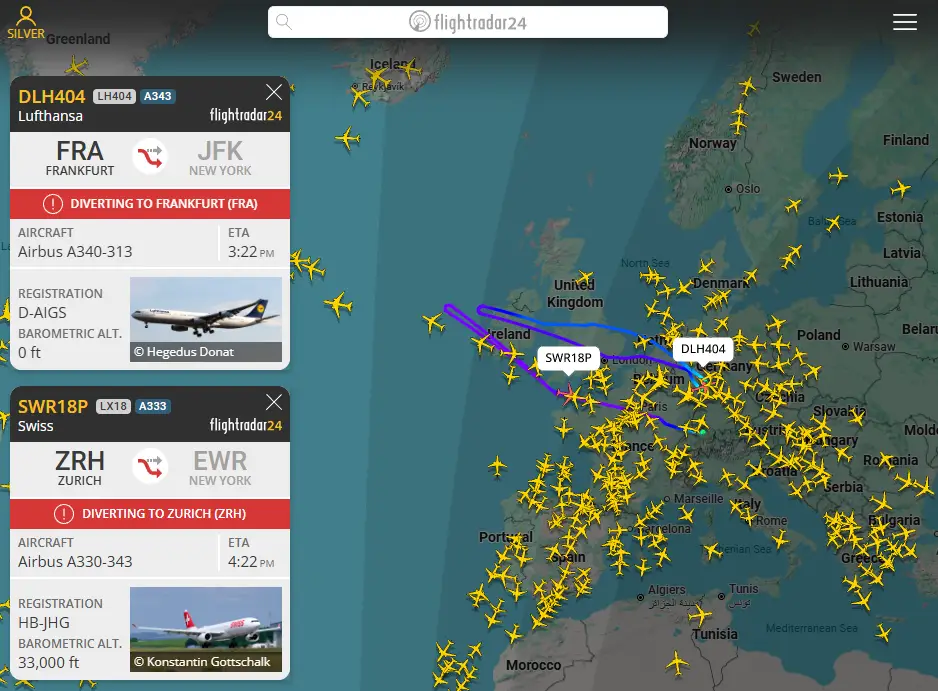 Screenshot of FR24 diversions.