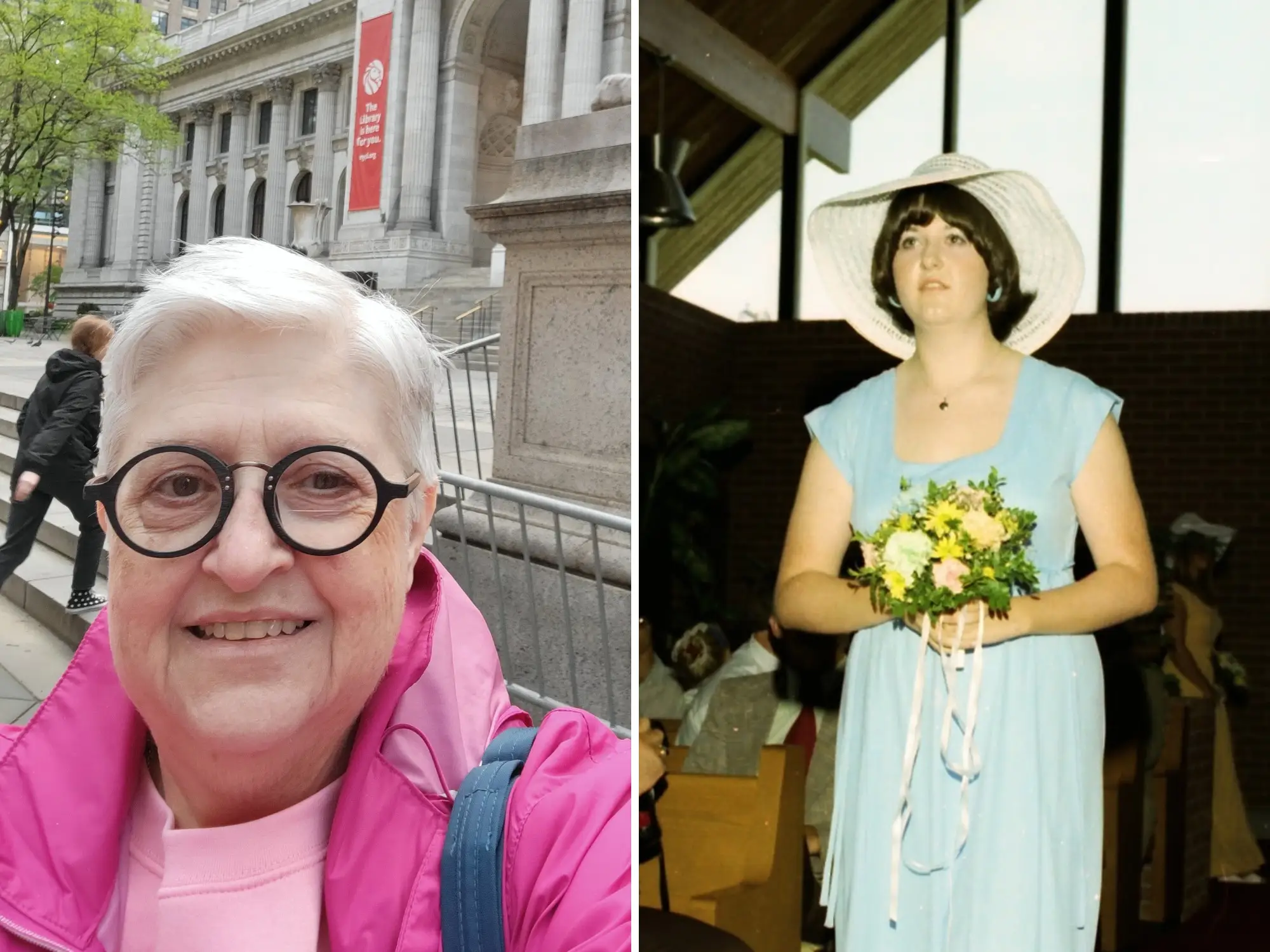 Side-by-side portraits show a smiling person outside a big building and a person in a blue dress and white hat holding a bouquet indoors.
