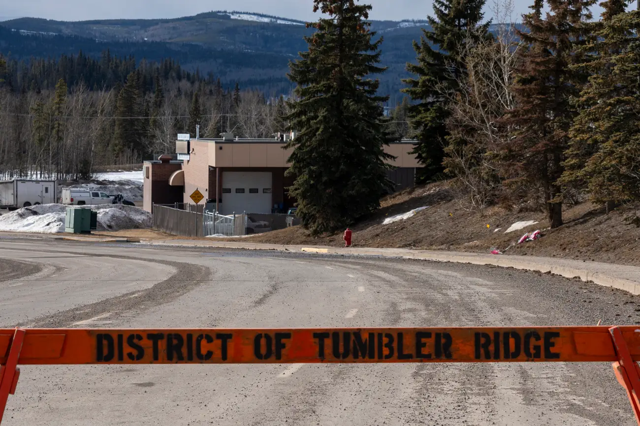 A road closure is seen near Tumbler Ridge Secondary School after a mass shooting took place yesterday leaving 10 people dead at a secondary school and nearby home in the rural community of Tumbler Ridge, British Columbia, on February 11, 2026. Canada was in mourning Wednesday, Prime Minister Mark Carney said, after a lone shooter killed at least nine people, including seven at a school, and injured dozens more in a remote western town. (Photo by Paige Taylor White / AFP via Getty Images)