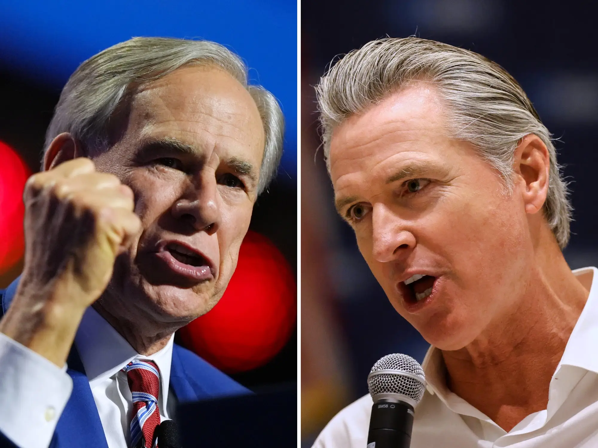 Greg Abbott raises a fist beside Gavin Newsom speaking into a microphone in a split-screen editorial portrait.