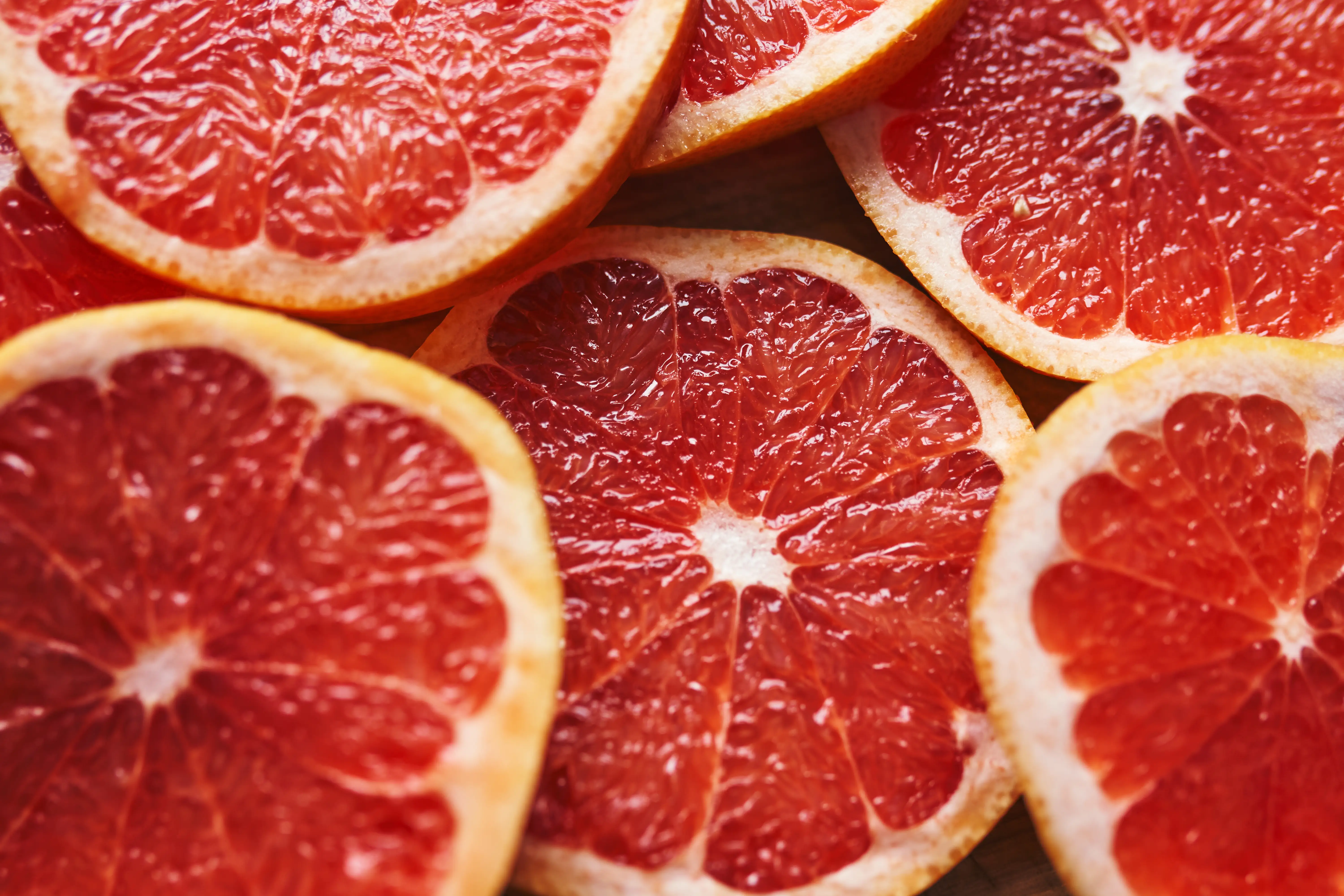 Close-up of halved grapefruit.