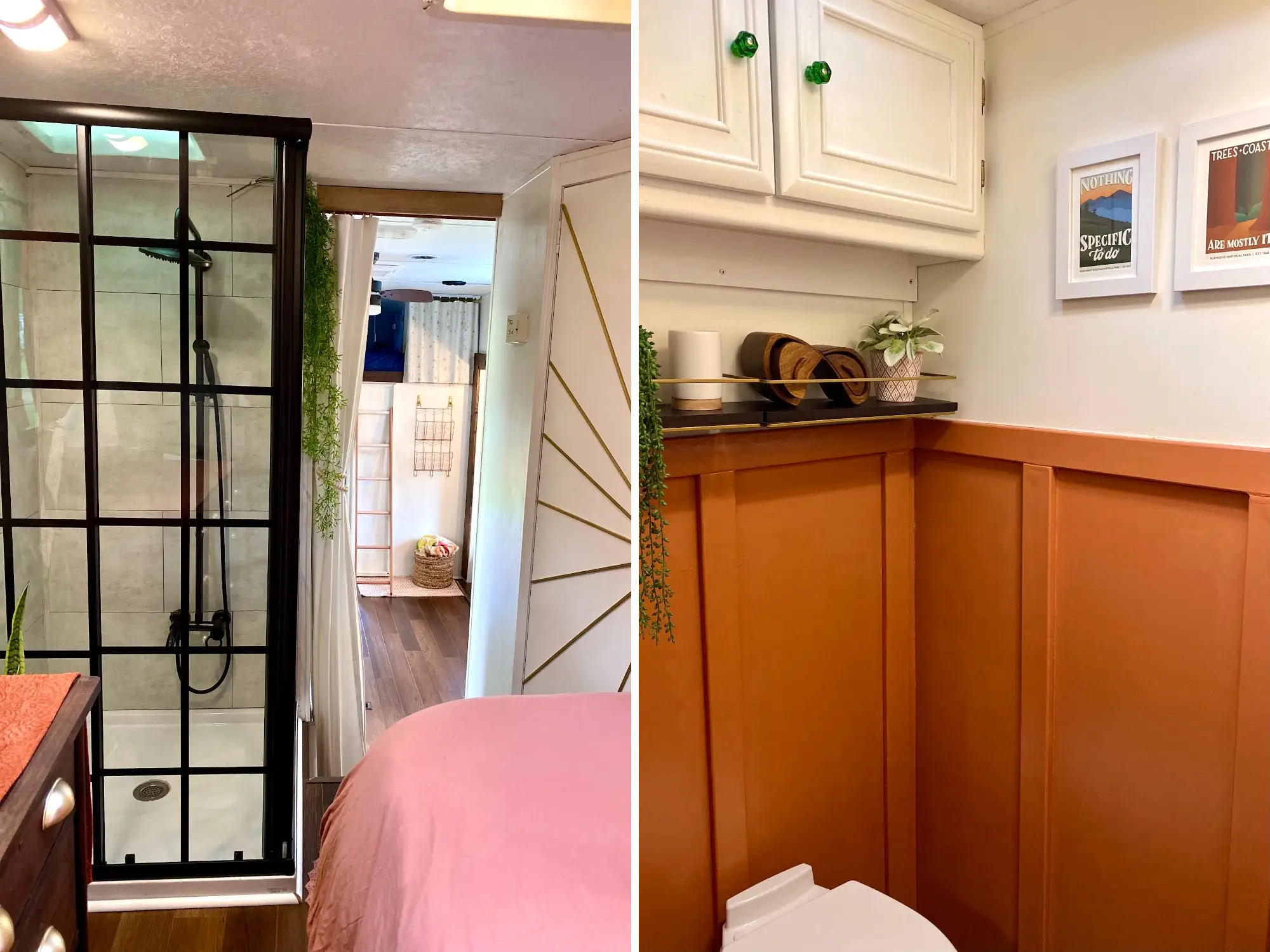 Compact renovated interior shows a glass shower beside a bed and an orange-paneled bathroom corner.
