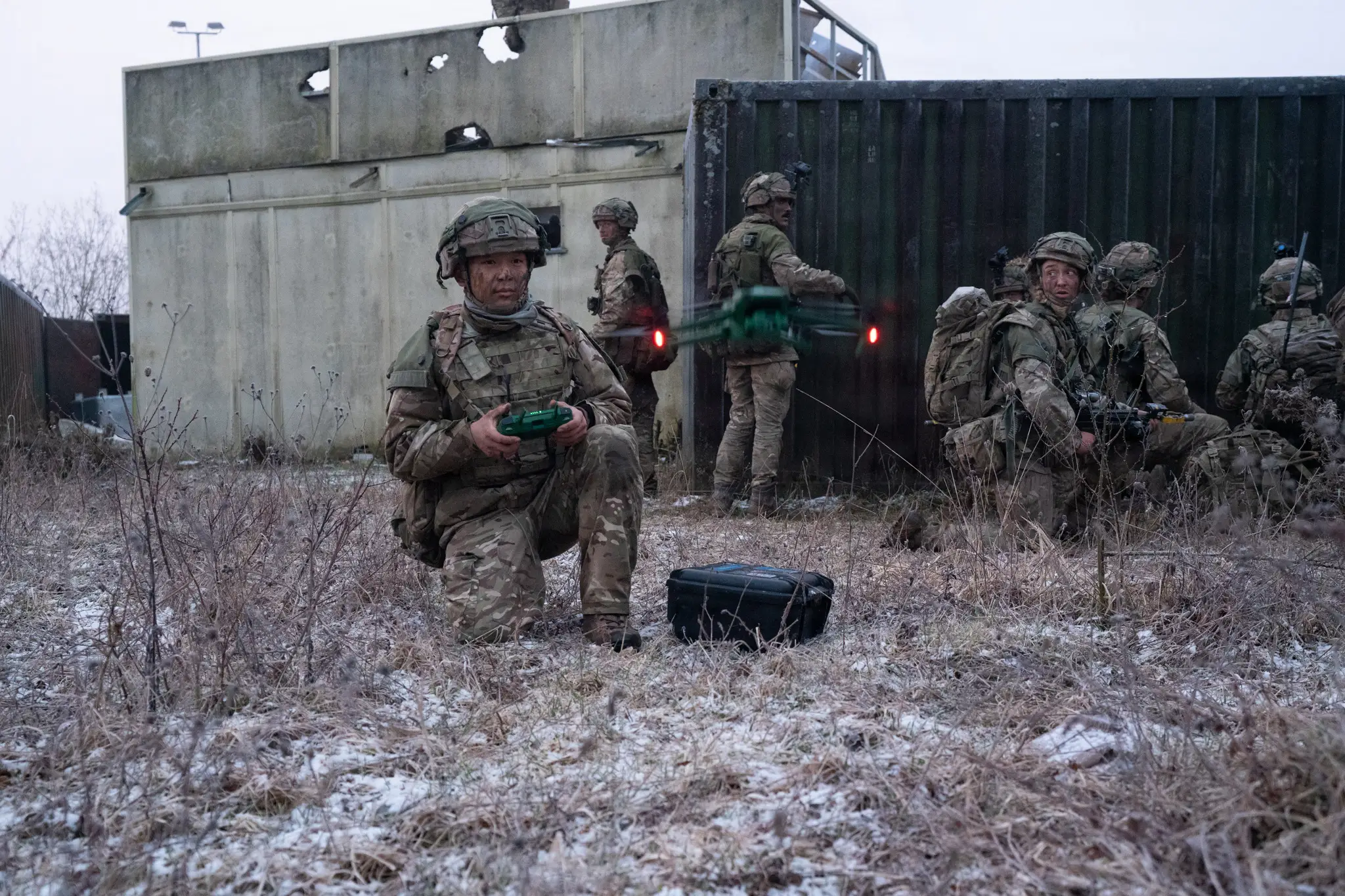 An officer cadet from the United Kingdom's Royal Military Academy Sandhurst (RMAS) deploys a drone during the academy's exercise Dynamic Victory at the Hohenfels Training Area, Joint Multinational Readiness Center (JMRC) in Germany, March 17, 2026.