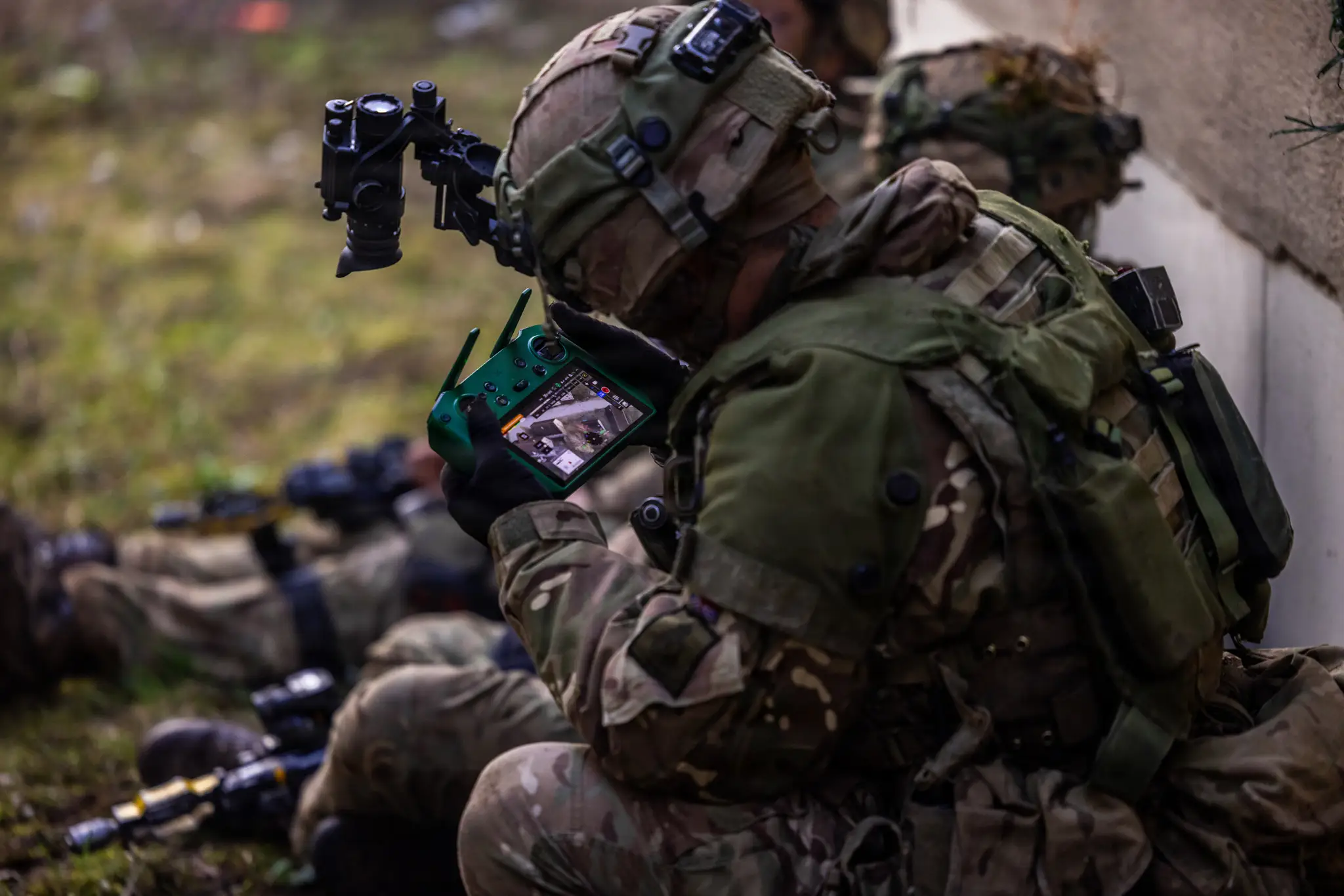 An officer cadet from the United Kingdom's Royal Military Academy Sandhurst (RMAS) operates a drone during the academy's exercise Dynamic Victory at the Hohenfels Training Area, Joint Multinational Readiness Center (JMRC) in Germany, March 20, 2026.