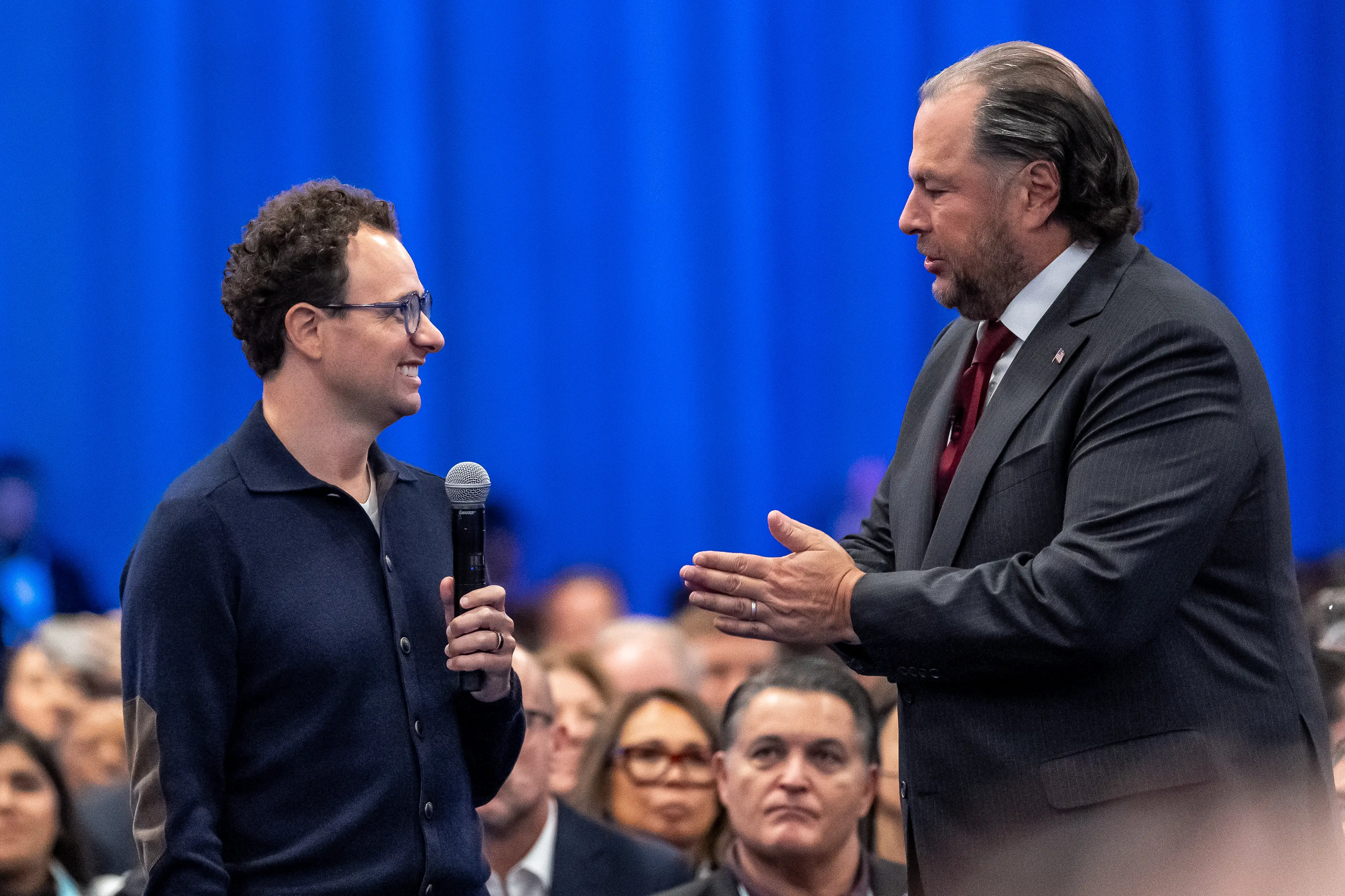 Dario Amodei, co-founder and chief executive officer of Anthropic, left, and Marc Benioff, chief executive officer of Salesforce Inc., during the 2026 Dreamforce conference in San Francisco, California, US, on Tuesday, Sept. 15, 2026. Salesforce Inc. jumped the most in six years after the software company gave an outlook for strong revenue
