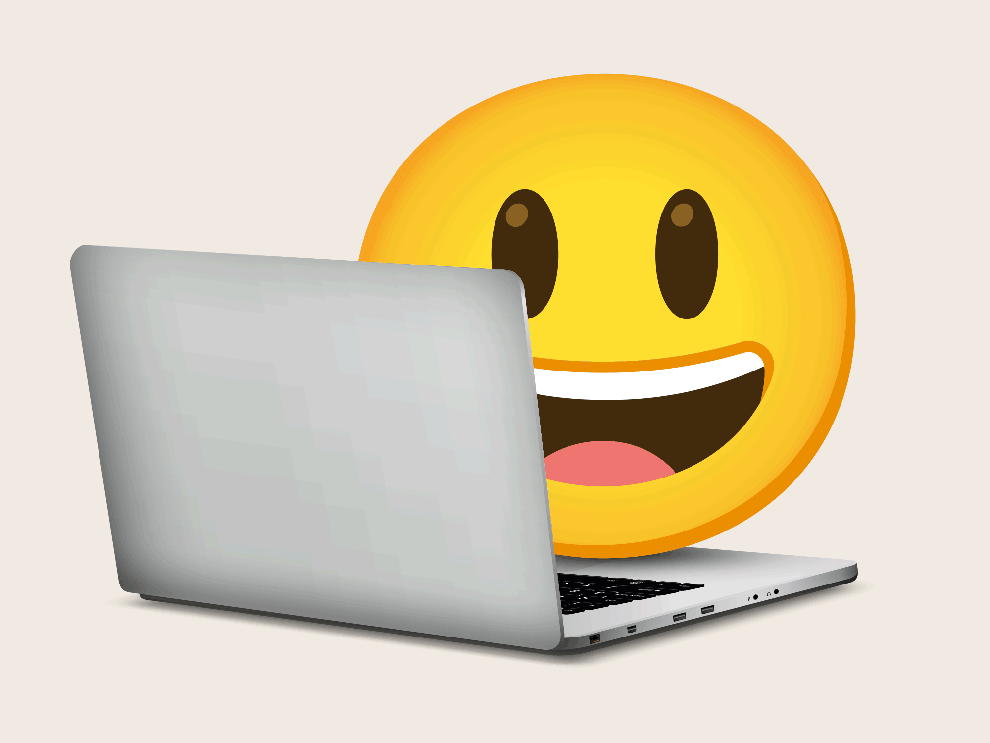 Smiling yellow emoji character appears behind an open gray laptop on a plain light background.