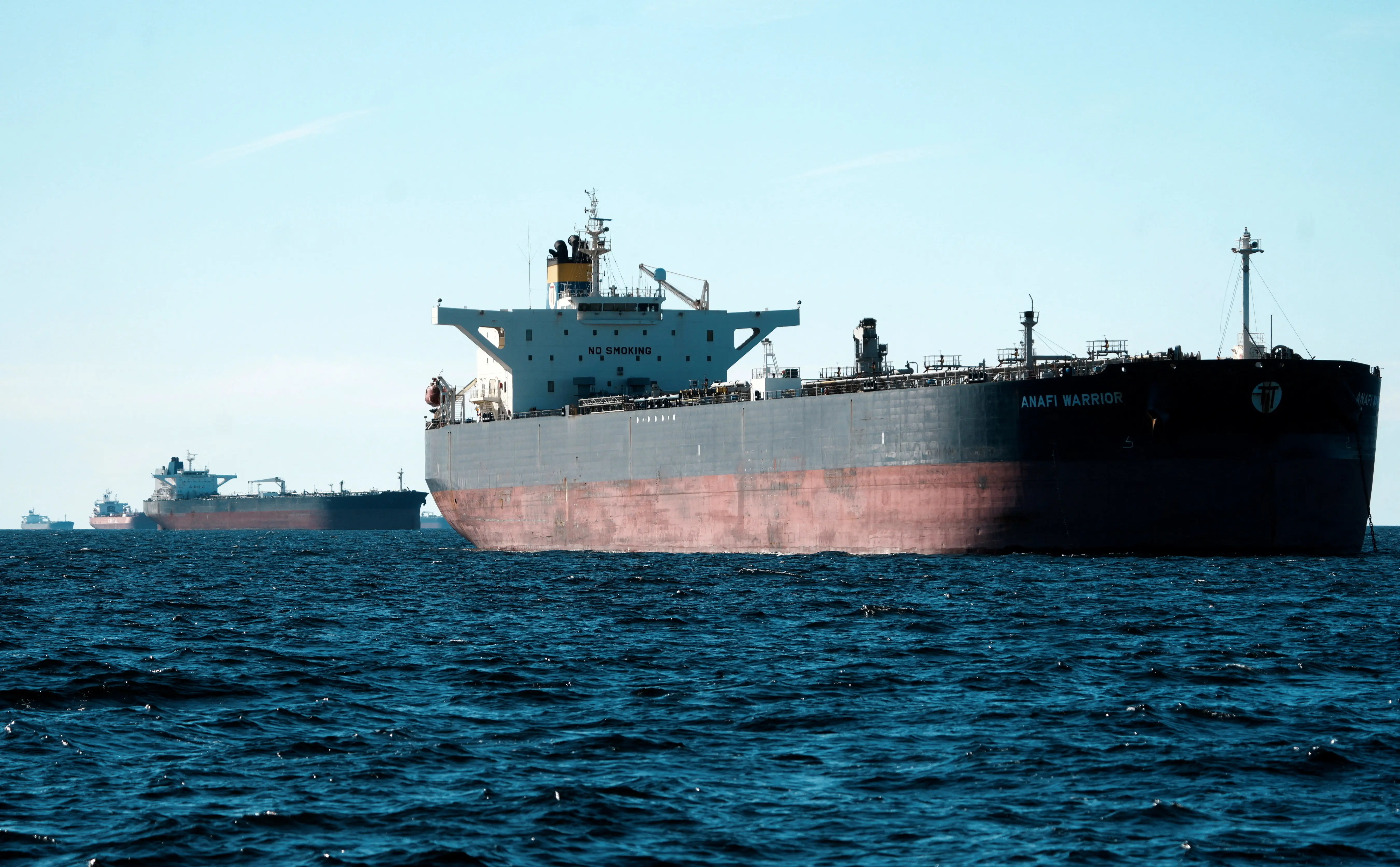 Four tankers wait in the Gulf of Finland.