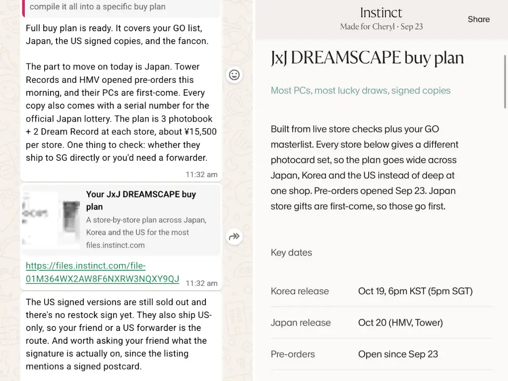 Split-screen mobile view shows a chat discussing pre-orders alongside an Instinct page for “JxJ DREAMSCAPE buy plan.”