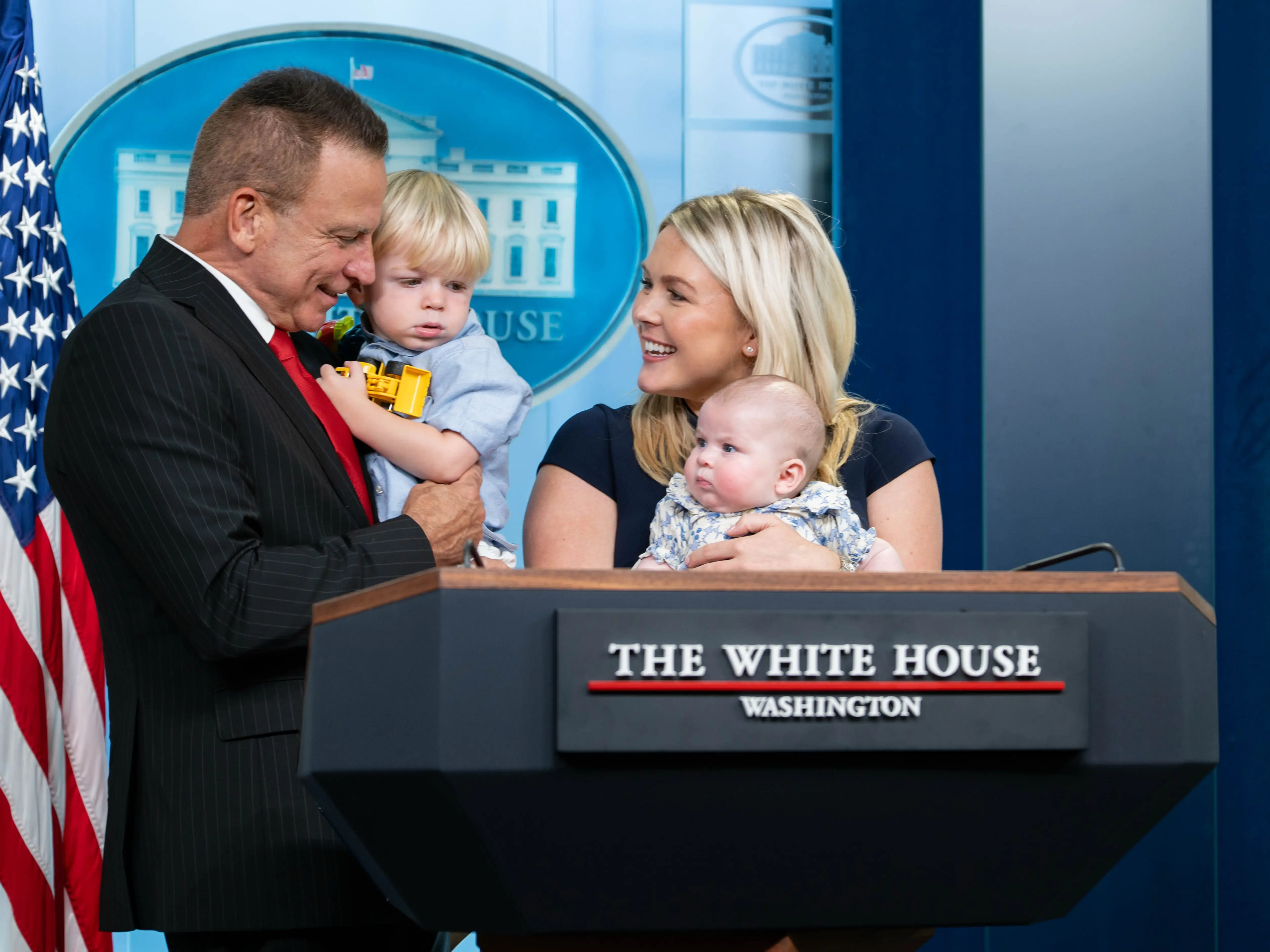Karoline Leavitt and her husband Nicholas Riccio posed for photos with their two children on Leavitt's final day as White House press secretary.