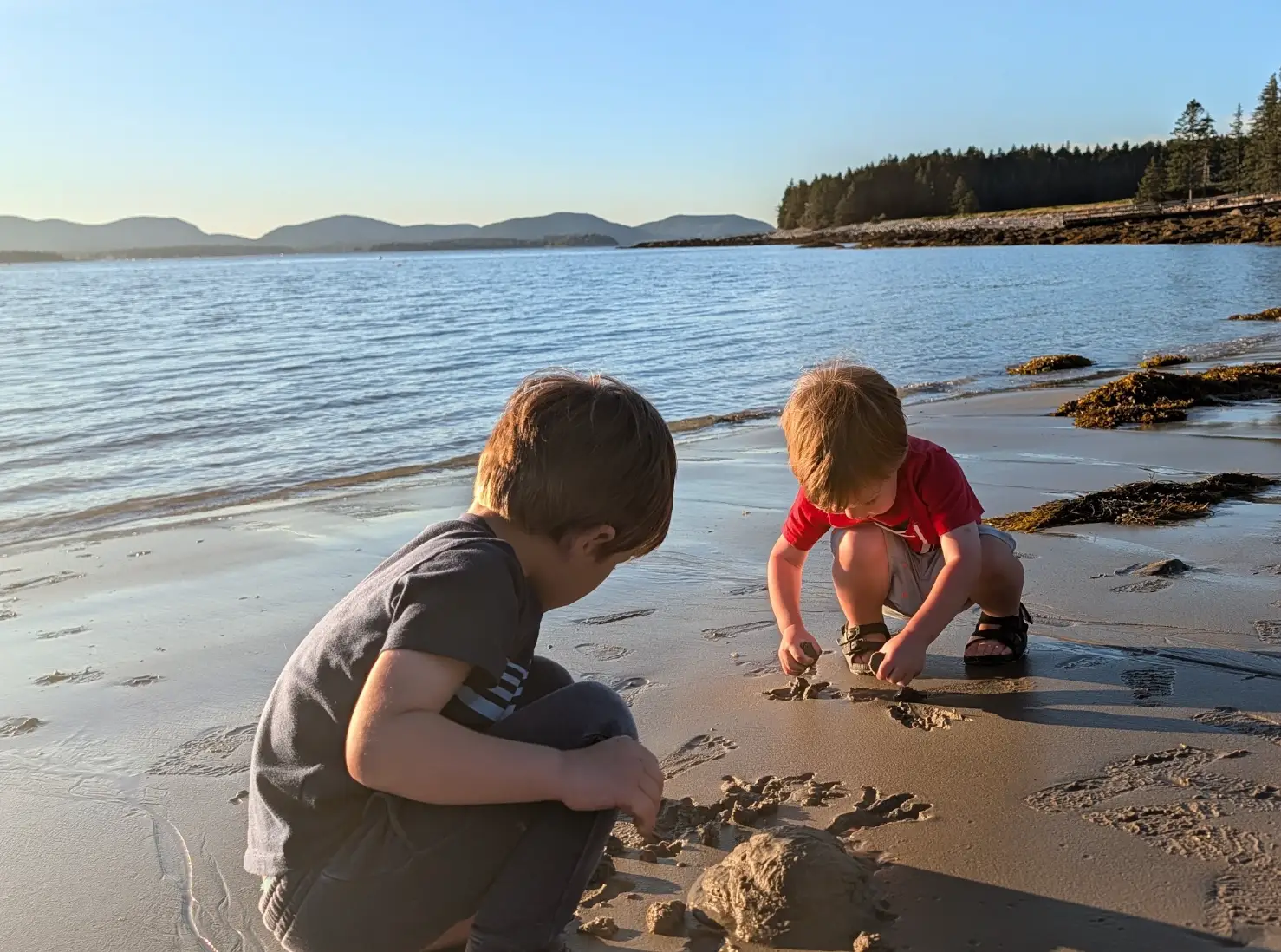 Two small boys build a sandcastle in front of the water on an island in Maine.