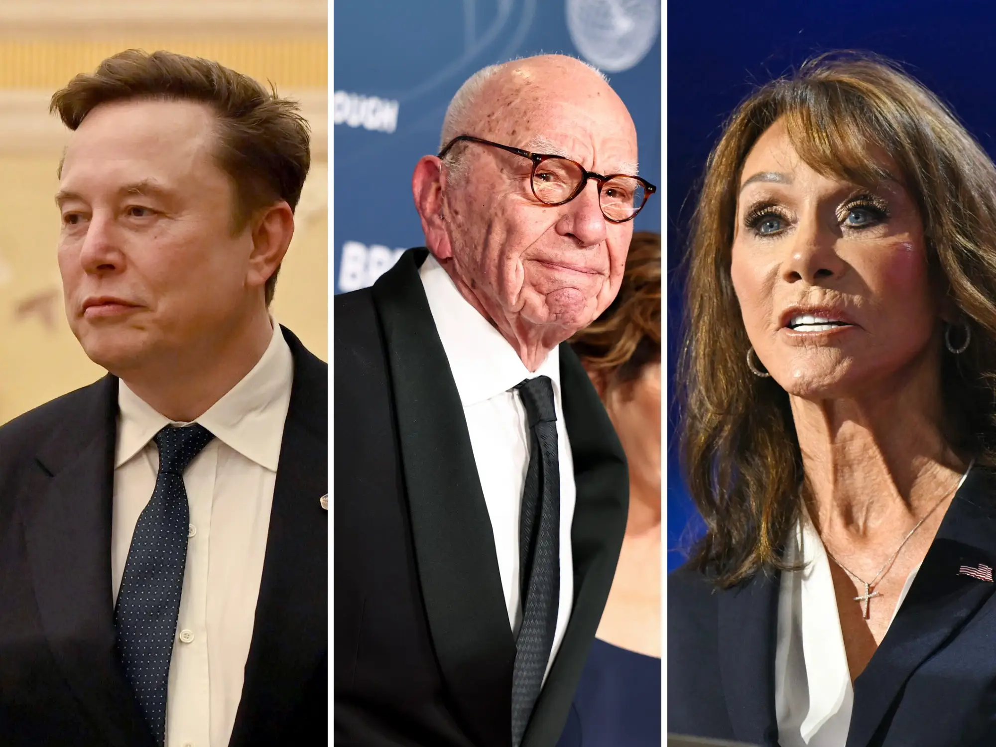 The composite portrait shows Elon Musk, Rupert Murdoch, and Diane Hendricks in formal attire at separate events.