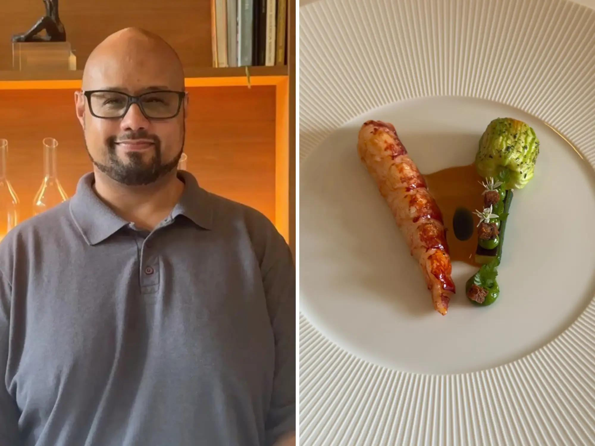 Split view of a person in glasses beside a plated fine-dining dish with seafood, green vegetable, and sauce.