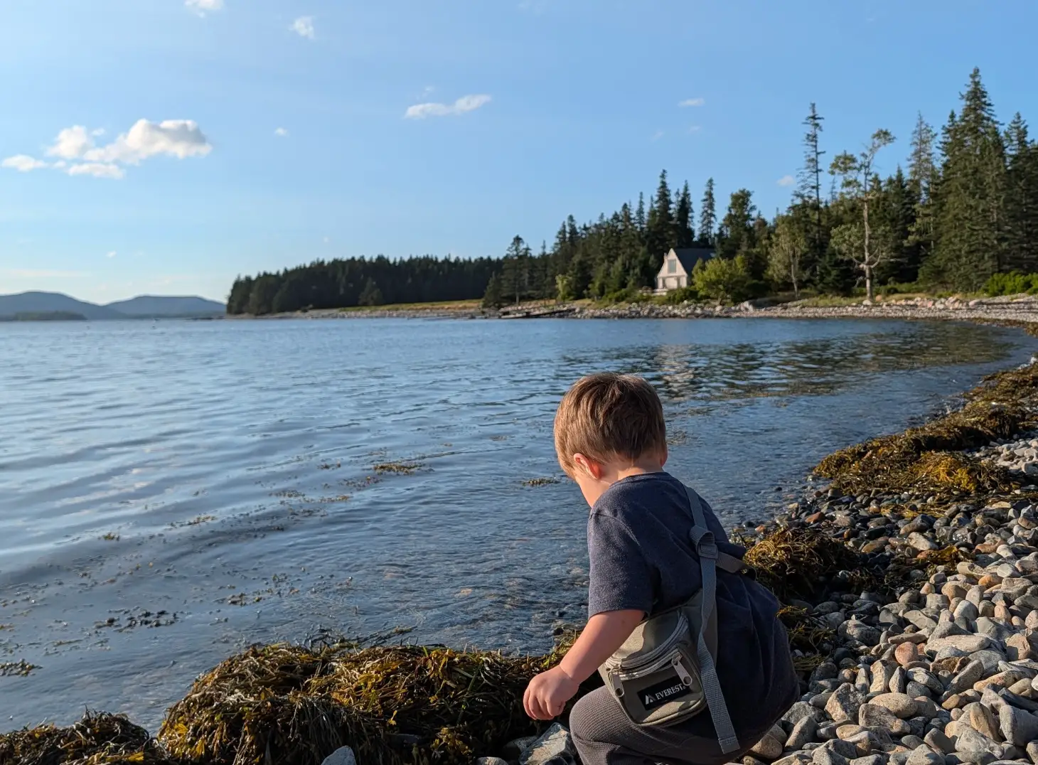 The writer's son sitting on rocks with a house in the background on a small Maine island.