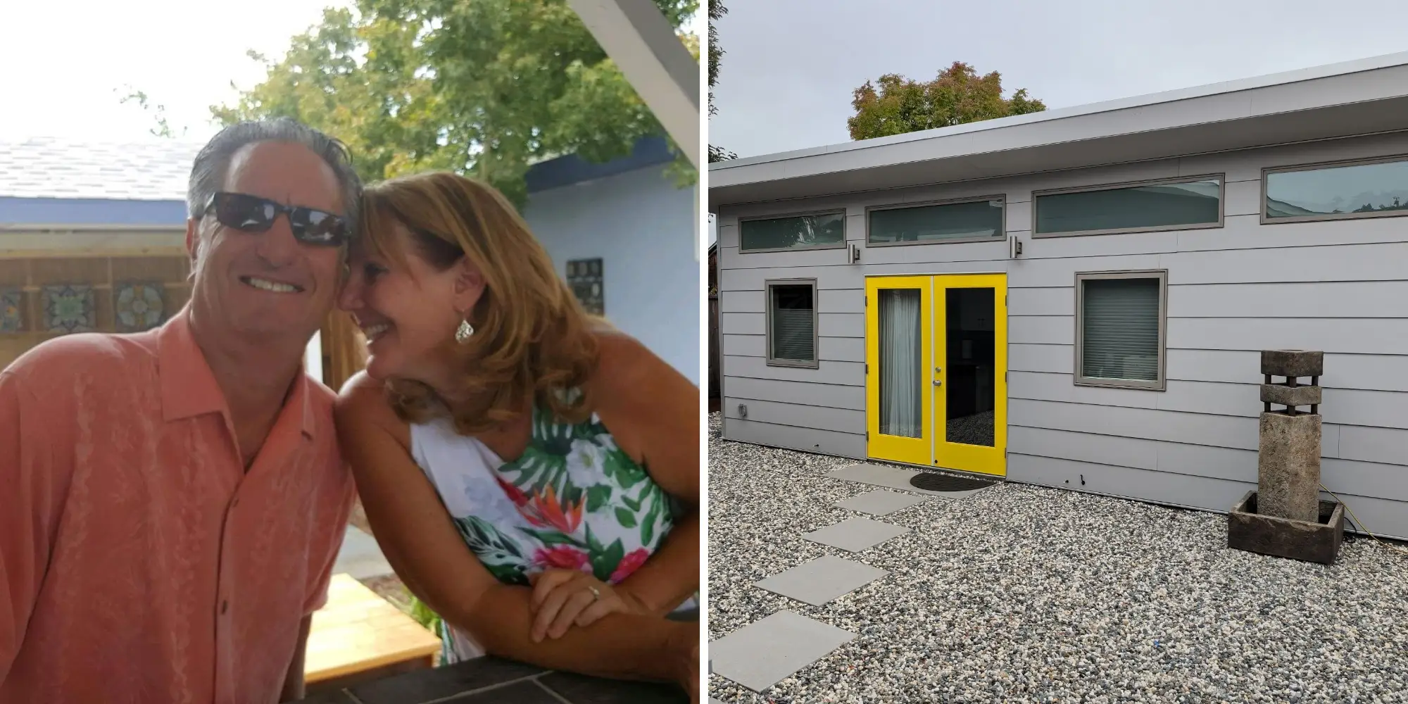 Side-by-side pictures of two adults smiling at an outdoor table and a gray tiny home.