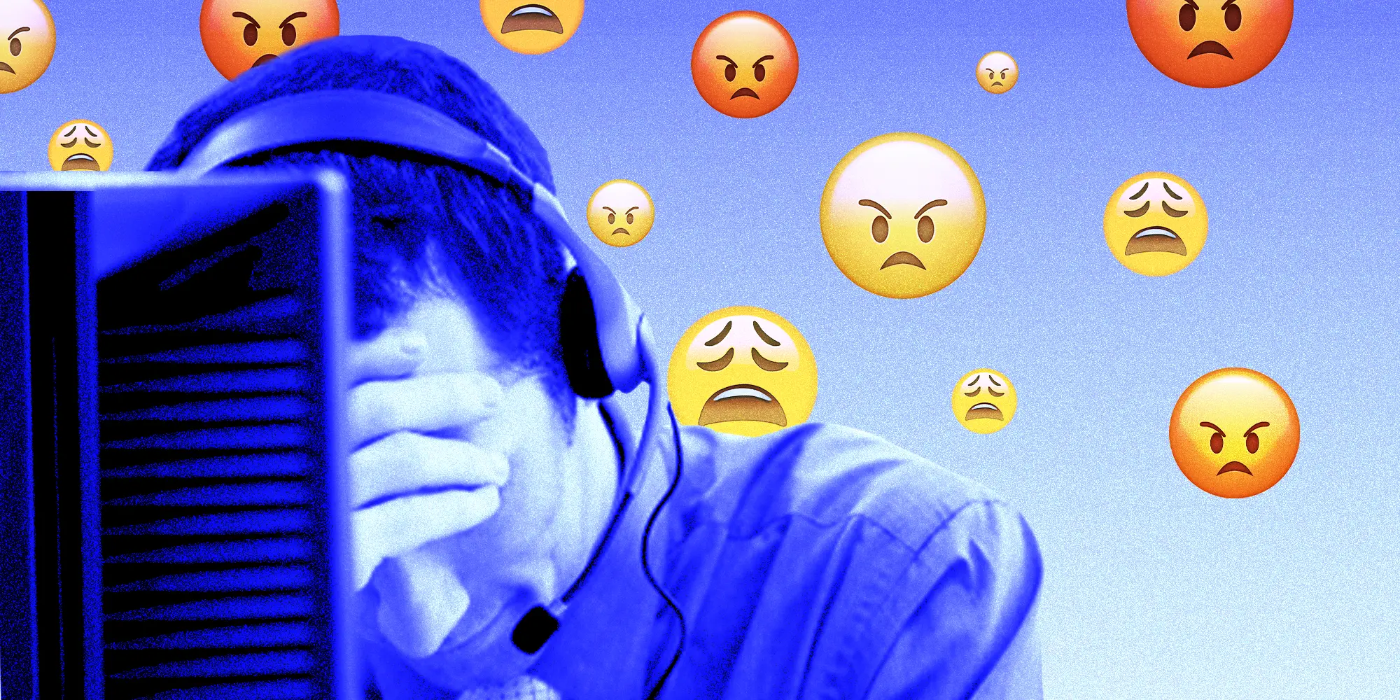 Frustrated customer service agent with headset surrounded by angry and tired emojis.