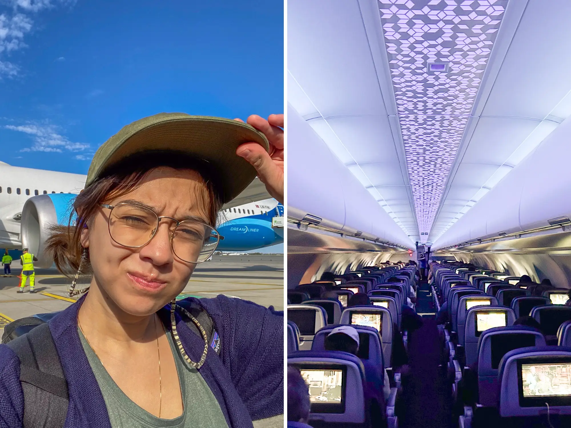 Split view shows a person on an airport tarmac beside a Dreamliner and a lit airplane cabin interior.