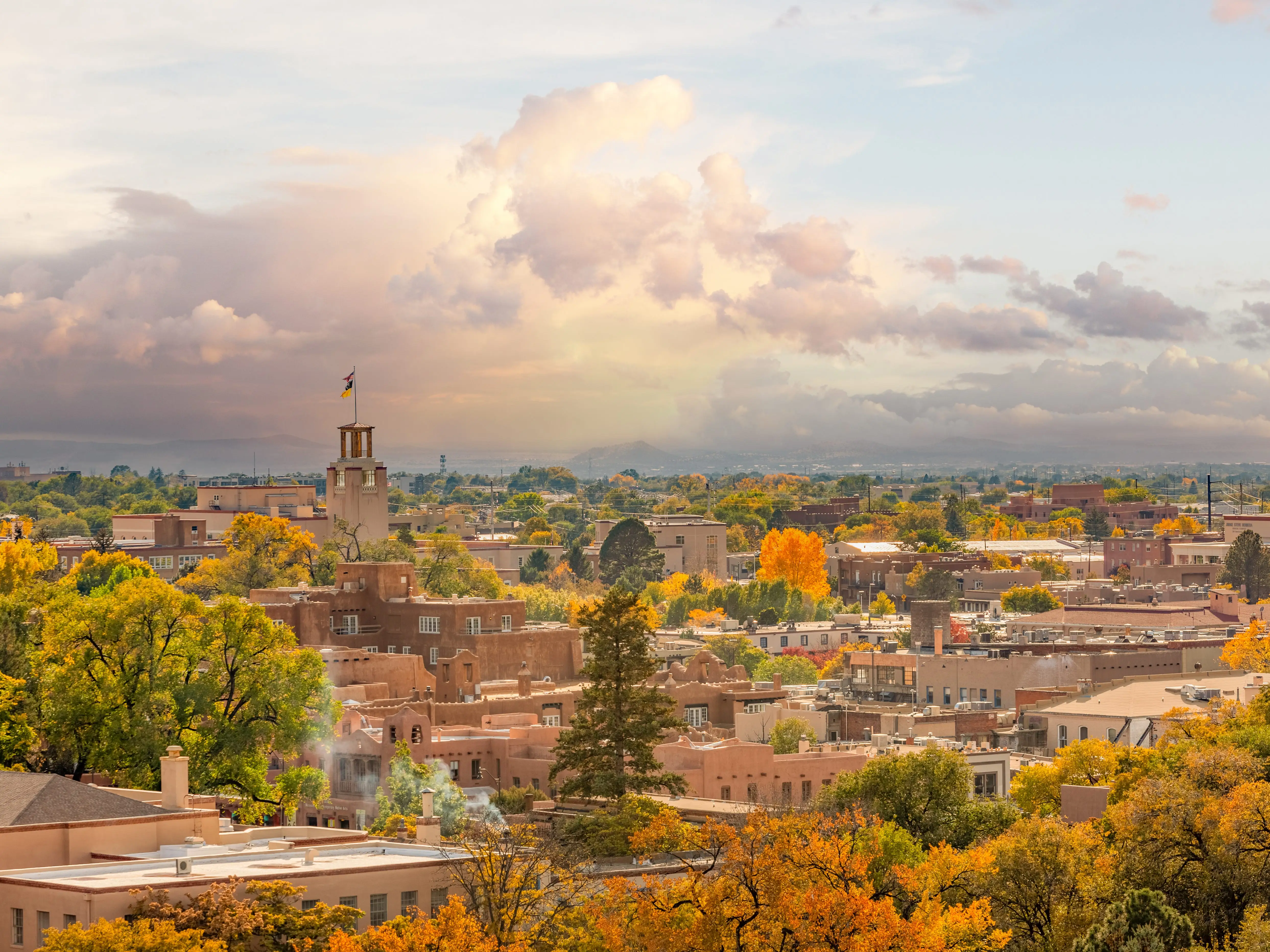 City view of historic Santa Fe, New Mexico in fall