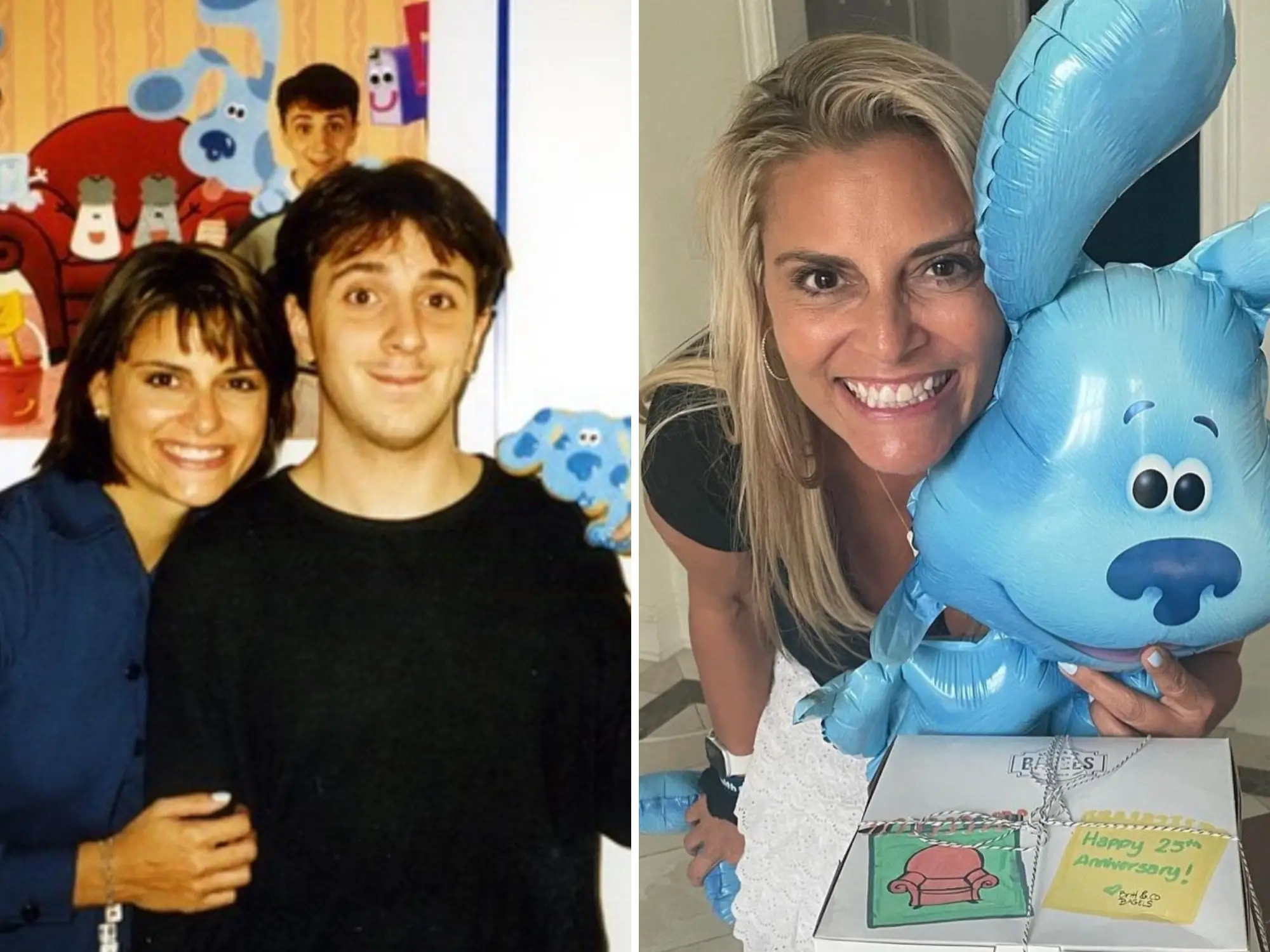 composite image, om the left the author is smiling in an old picture of her and steve from blue's clues, on the right is a current photo of the author holding a 'Blue' balloon