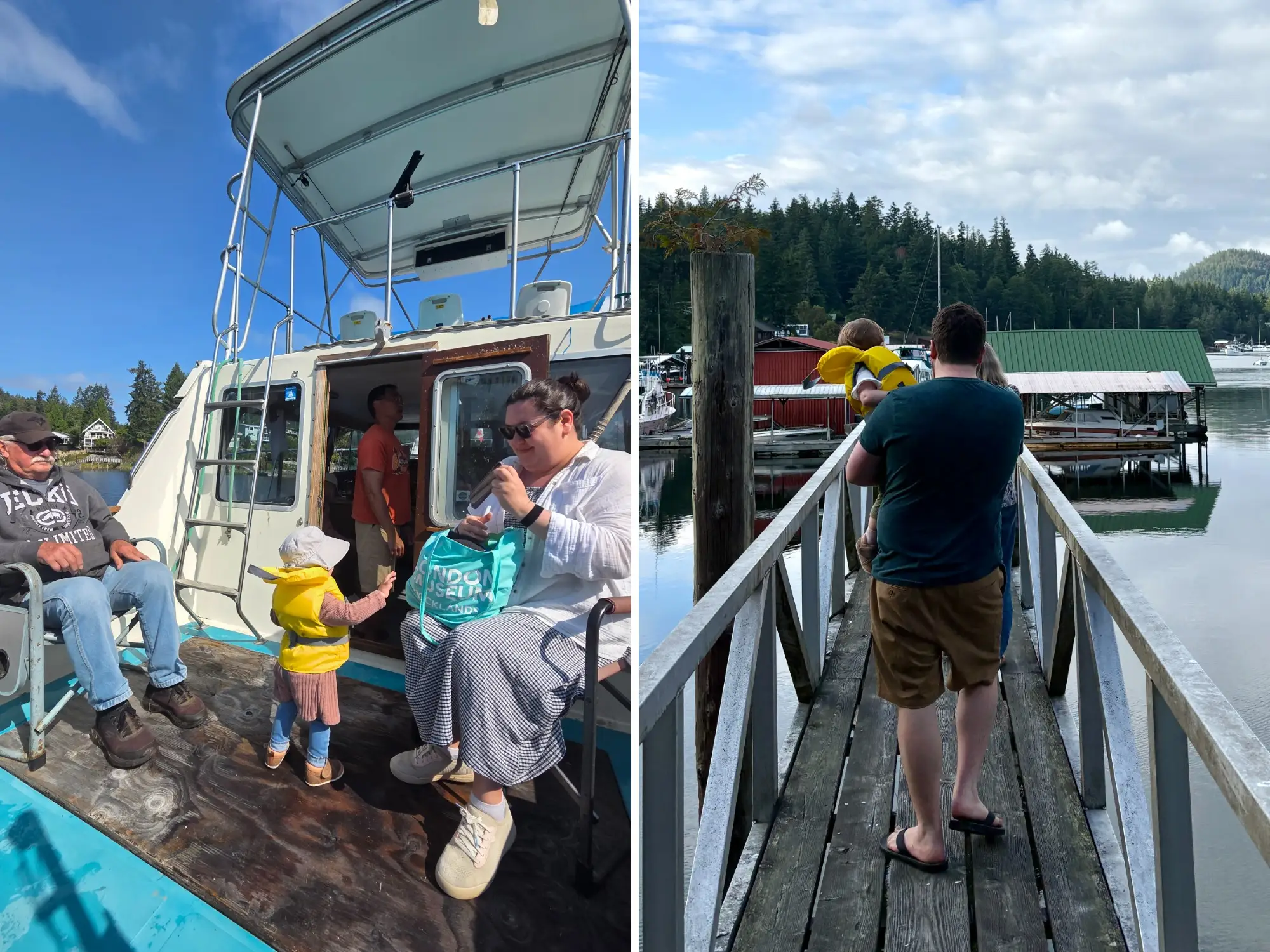 composite image, on the left is the author and her daughter wearing a life jacket on a boat. on the right is her husband carrying her daughter on a dock.