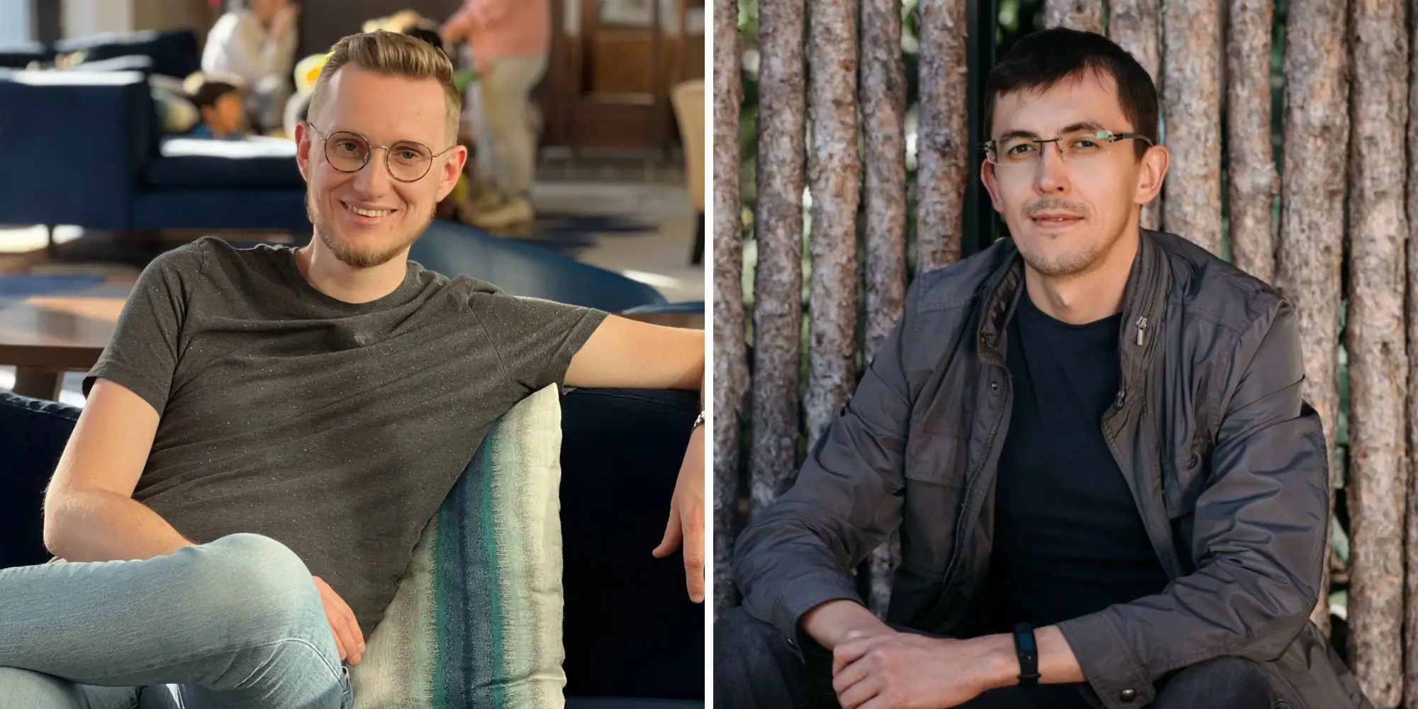 Healz AI founders in side-by-side portraits, one indoors on a couch and one outdoors by stacked logs.