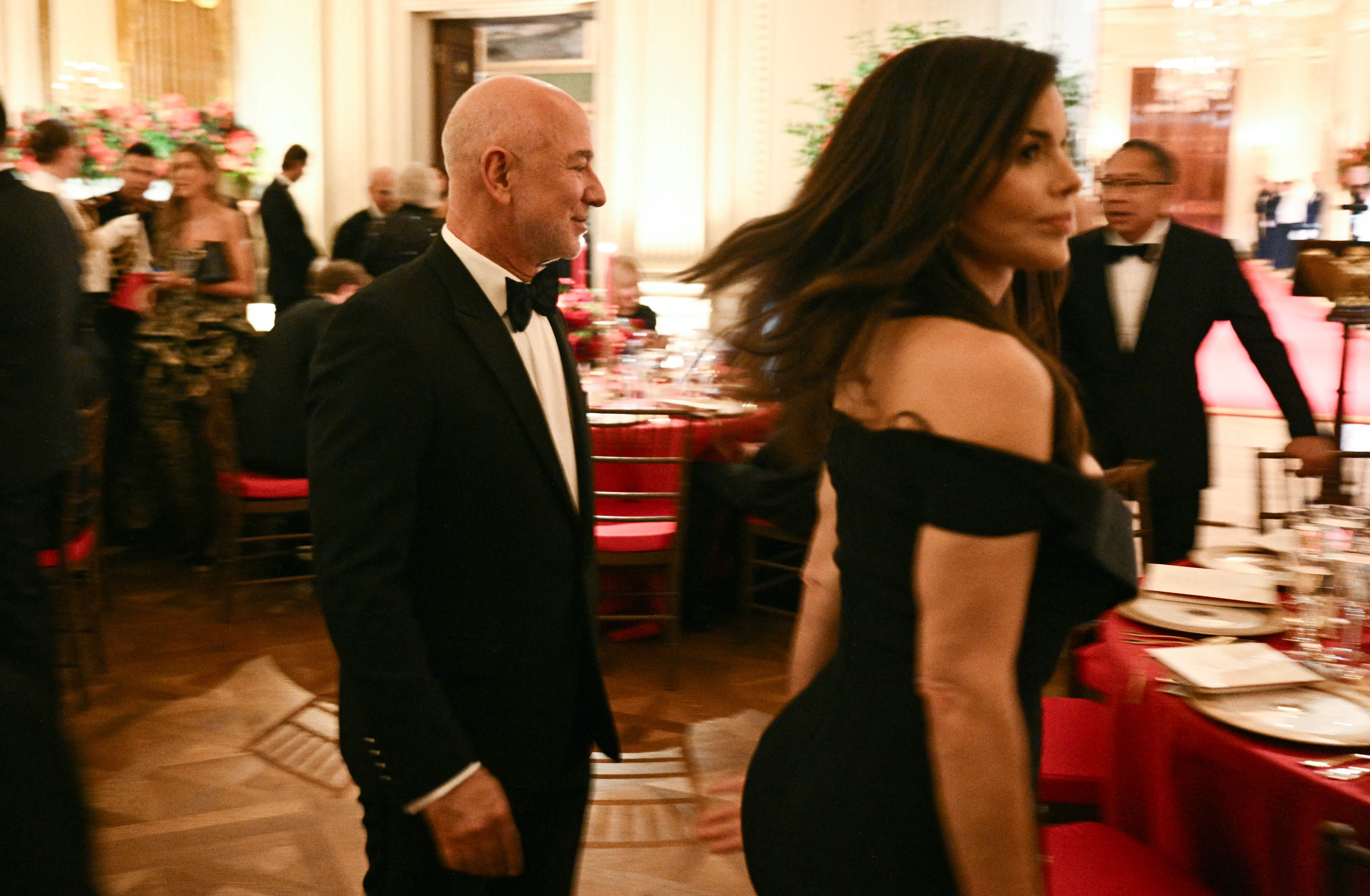 Amazon's founder Jeff Bezos and his wife Lauren Sanchez Bezos attend a state dinner hosted by President Donald Trump for Chinese President Xi Jinping in the East Room of the White House in Washington, DC, on September 24, 2026. President Xi is on a State visit to the United States from September 23 to 25. (Photo by Brendan SMIALOWSKI