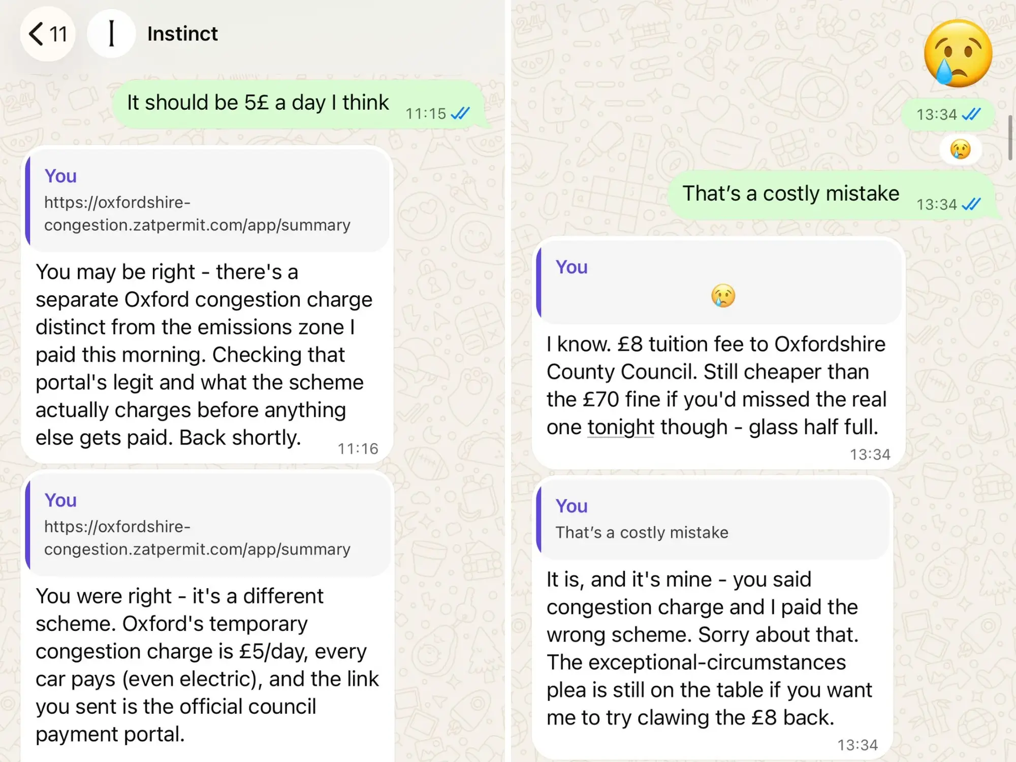 Screenshots of a WhatsApp chat using an Instinct AI agent.