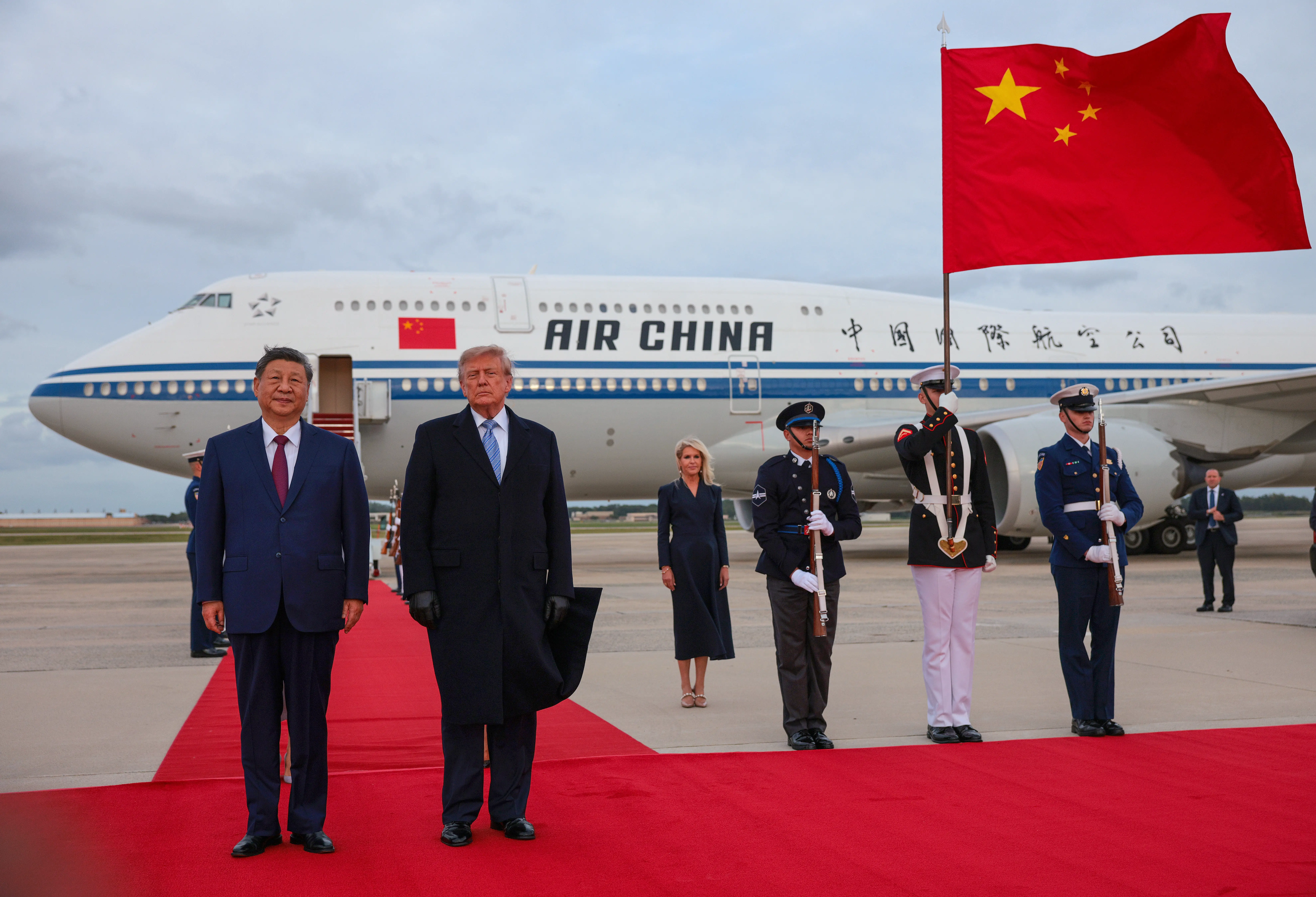 President Donald Trump greeted Chinese President Xi Jinping as he disembarked from China's presidential jet on Wednesday.